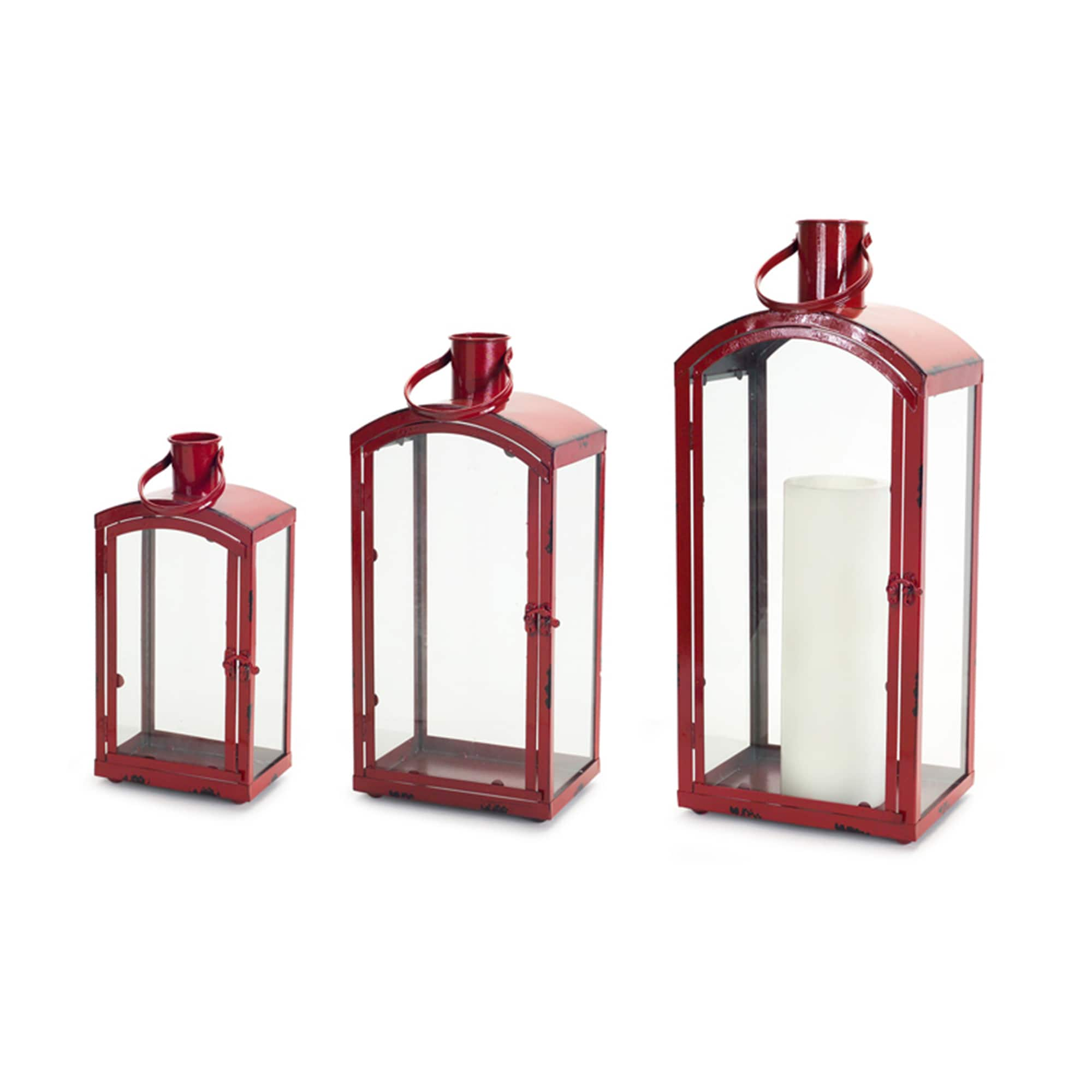 Red Metal &#x26; Glass Lantern Set, 15&#x27;&#x27;, 19&#x27;&#x27; &#x26; 25&#x27;&#x27;