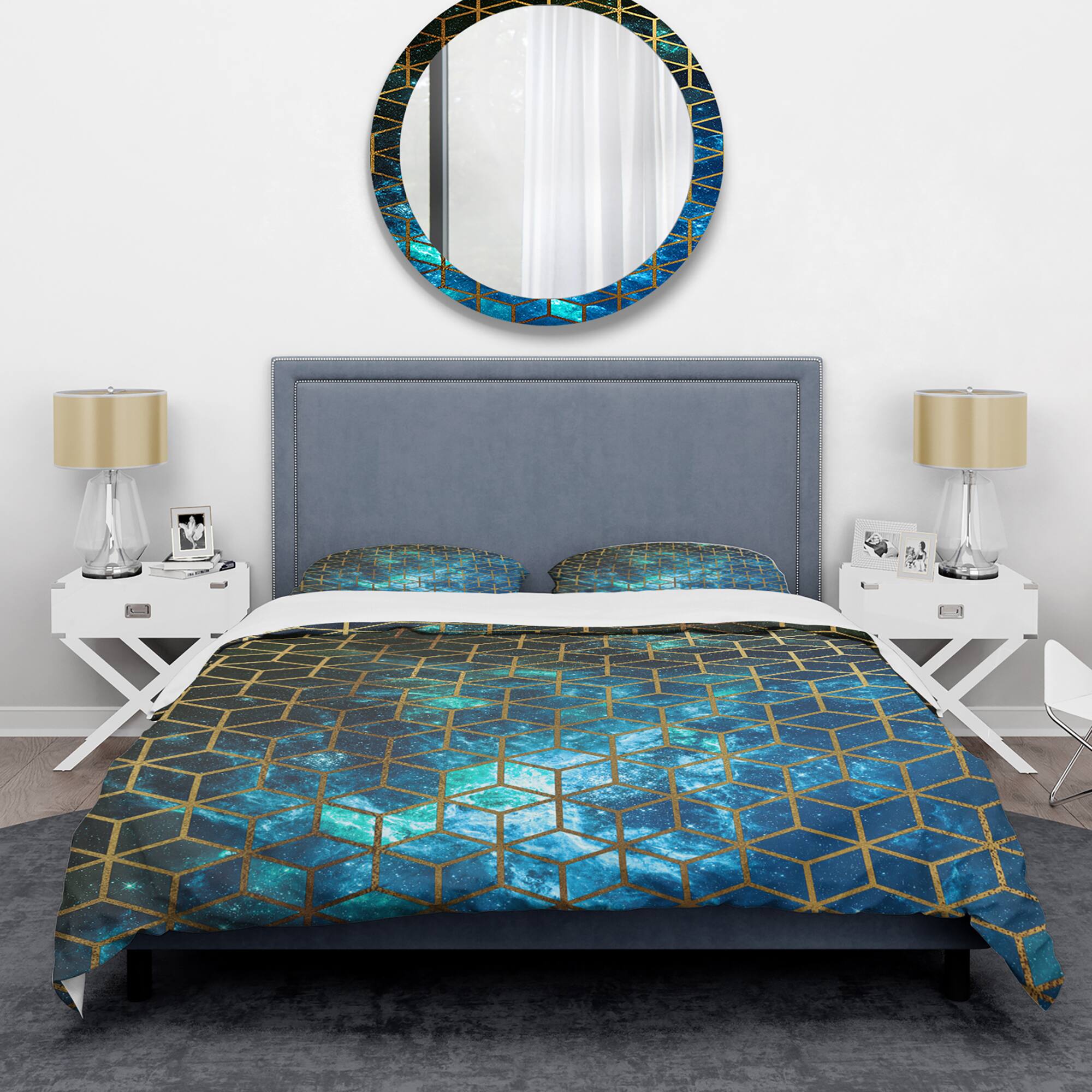 Designart &#x27;Yellow Cubes over Blue Cosmic Background&#x27; Modern &#x26; Contemporary Bedding Set - Duvet Cover &#x26; Shams