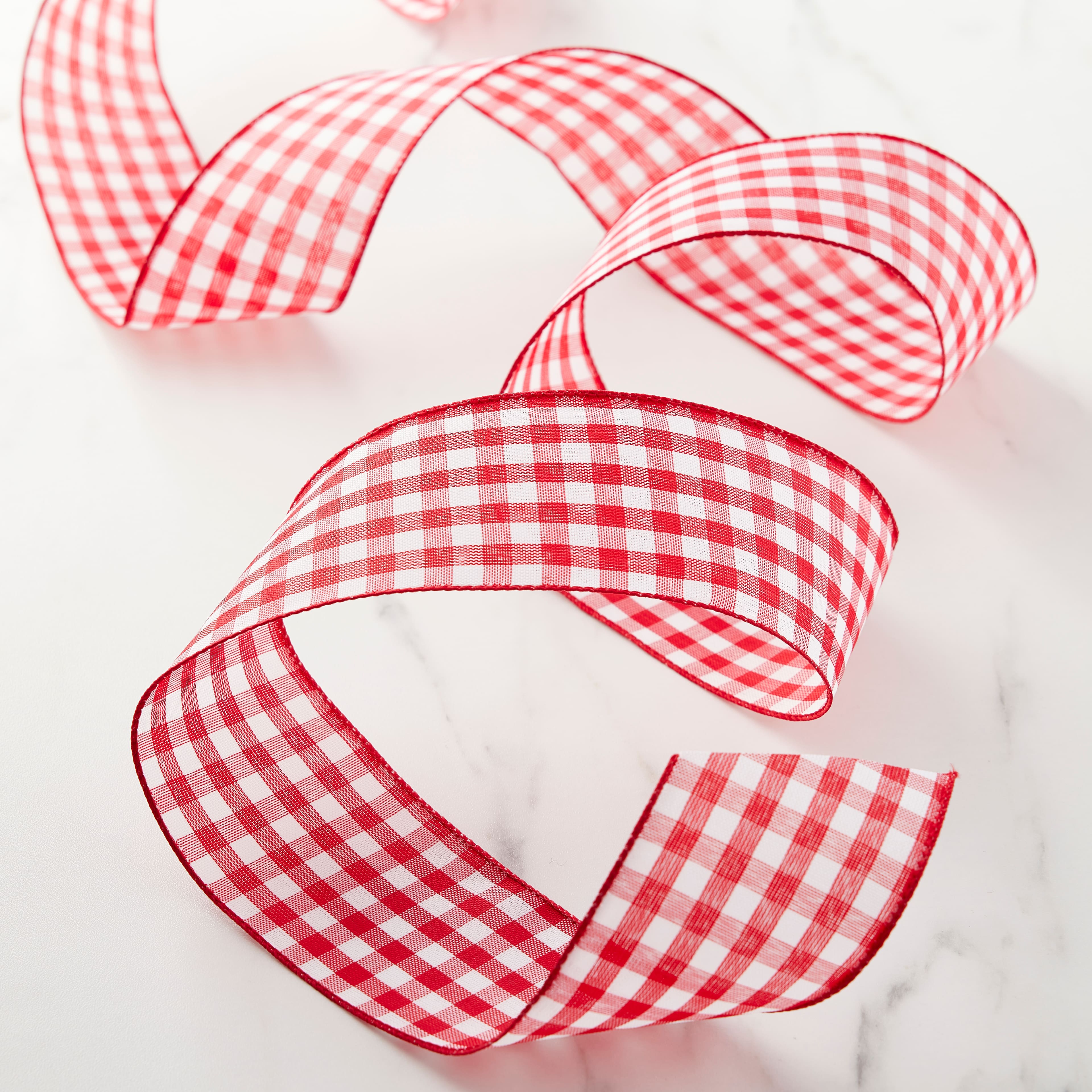 5 Yards Red and White Large Gingham Checked Wired Ribbon 2 1/2W