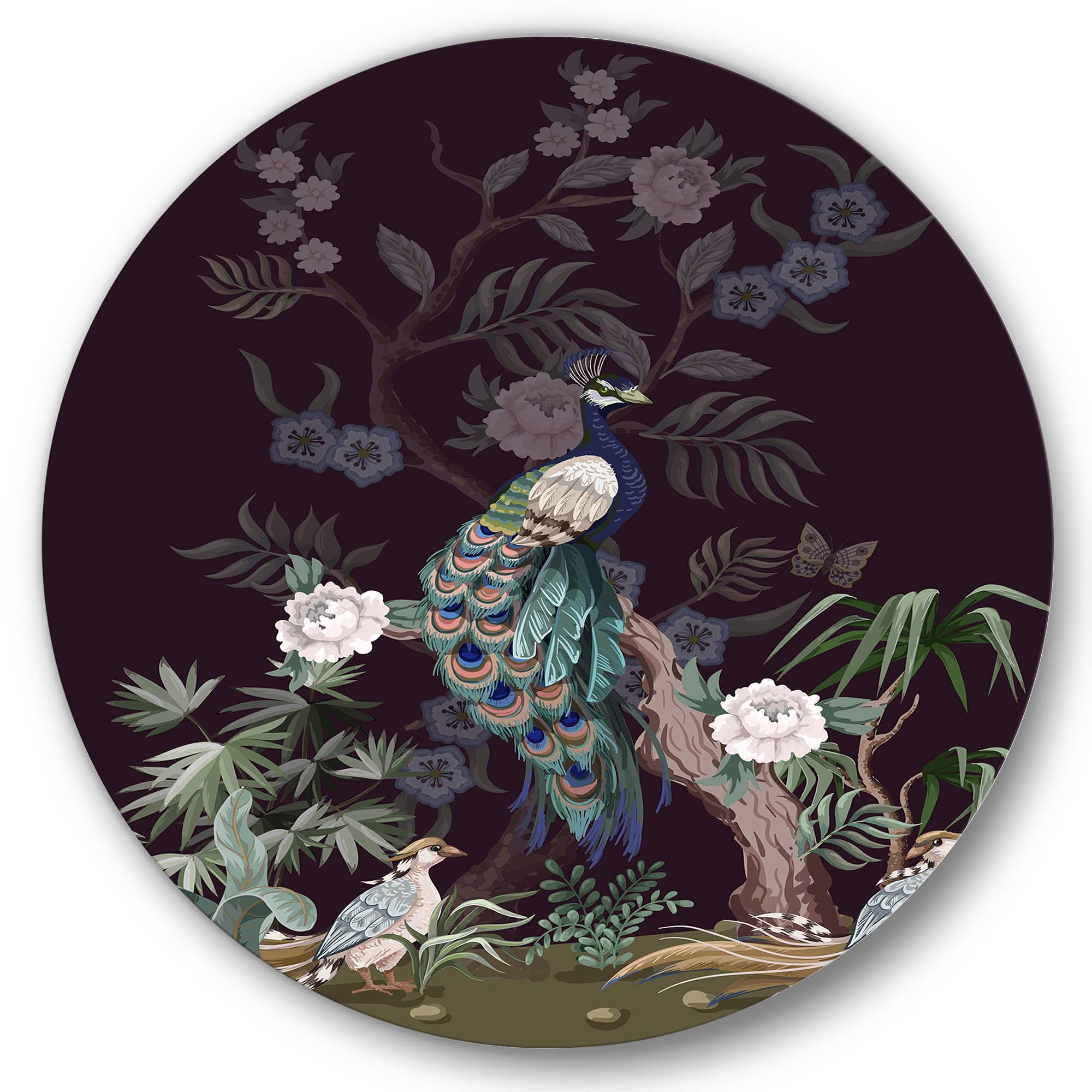 Designart - Chinoiserie With Birds and Peonies V - Traditional Metal Circle Wall Art