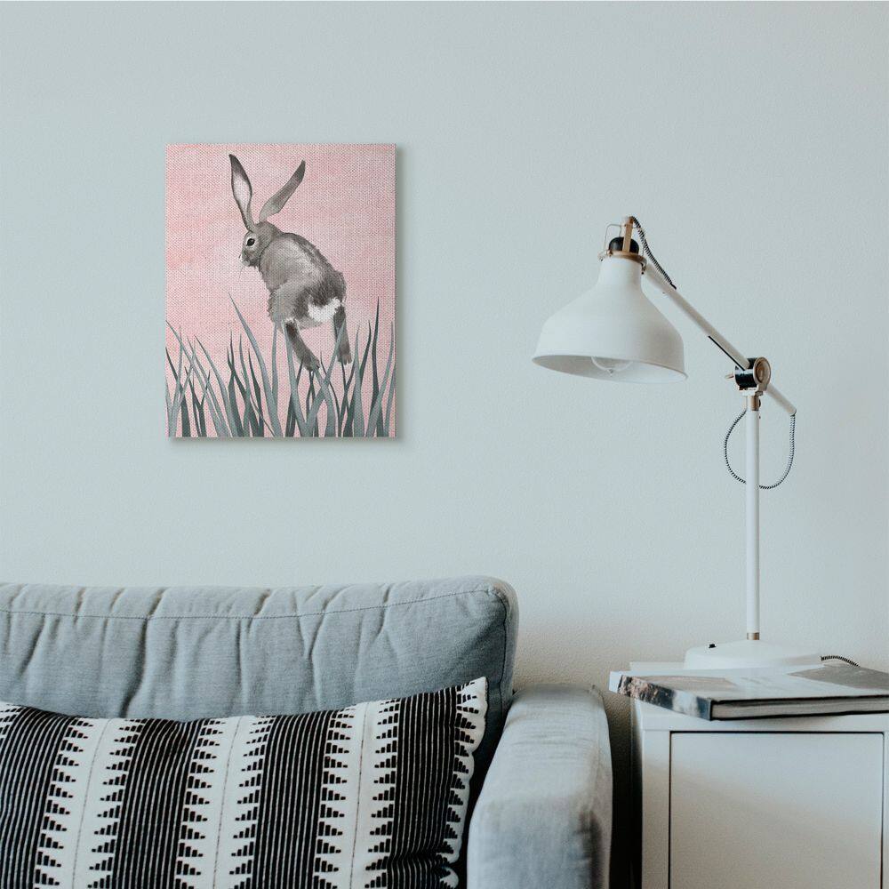 Stupell Industries Bunny Rabbit Jump Grass Pink Green Animal Painting Canvas Wall Art