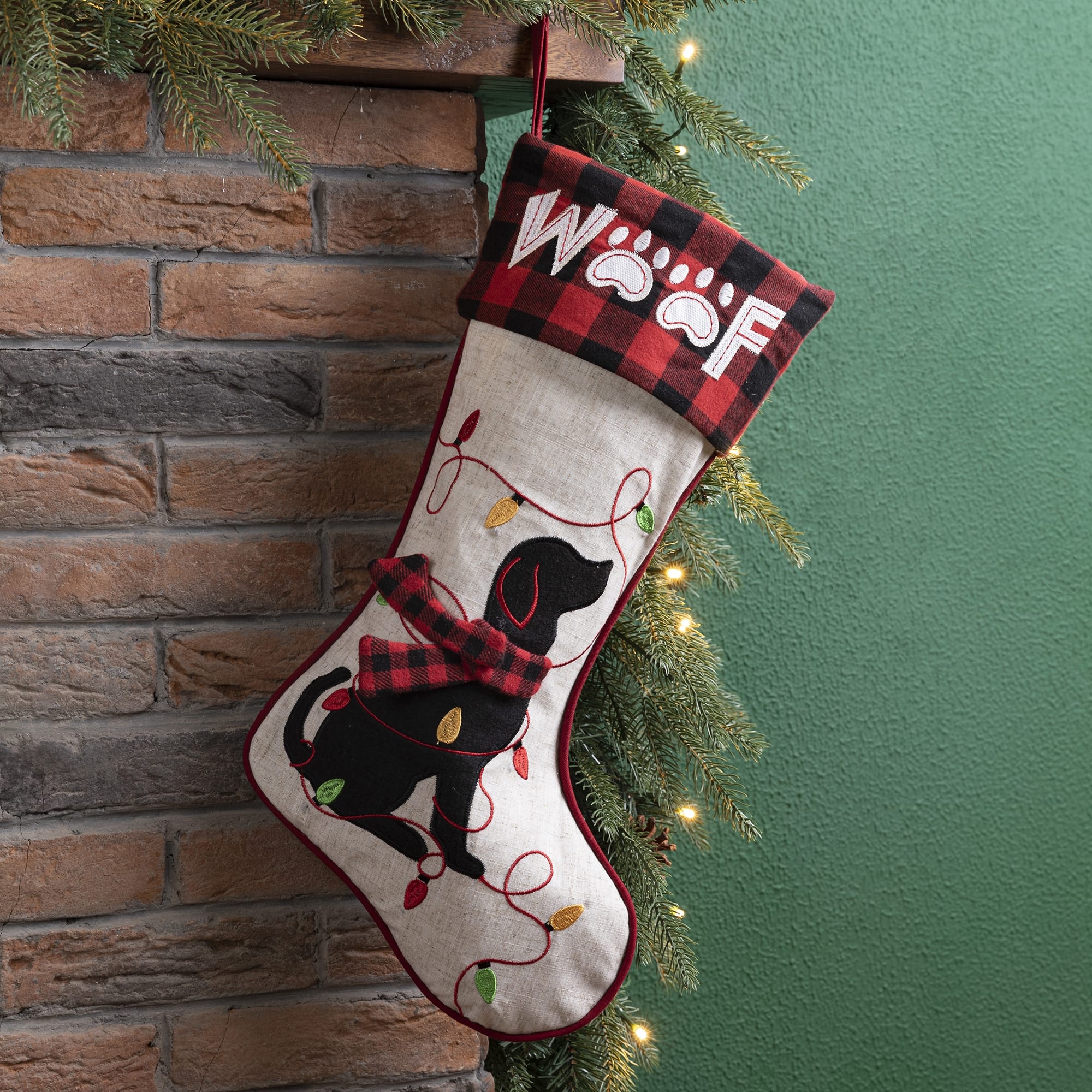 Glitzhome&#xAE; 21&#x22; LED Embroidered Dog Linen Christmas Stocking