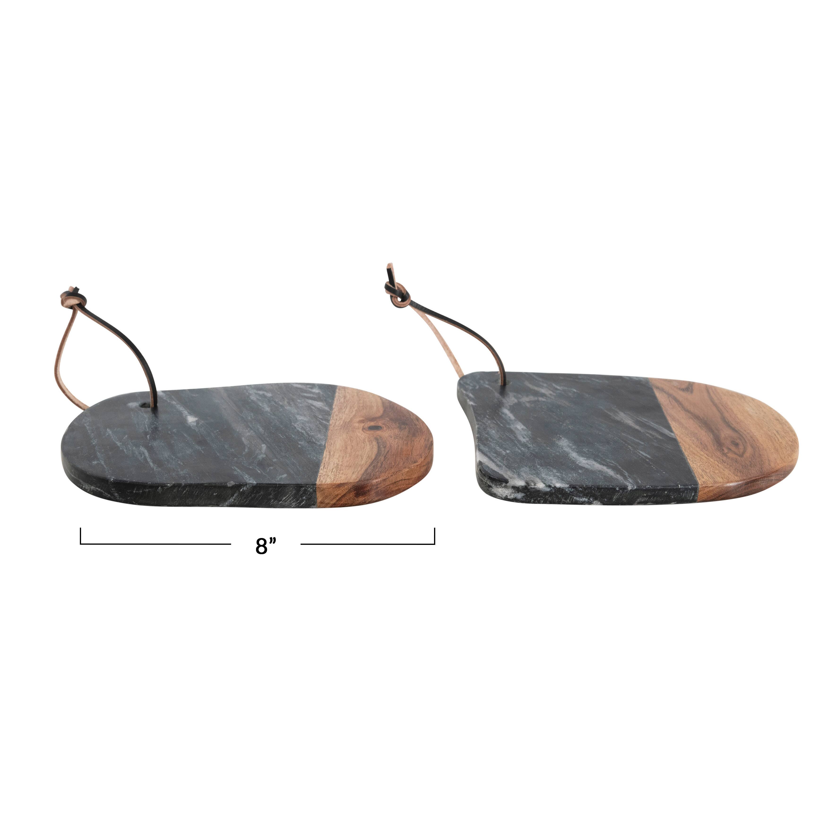 Hello Honey® 8" Marble and Acacia Wood Organic Shaped Cheese/Cutting Board Set with Leather Tie