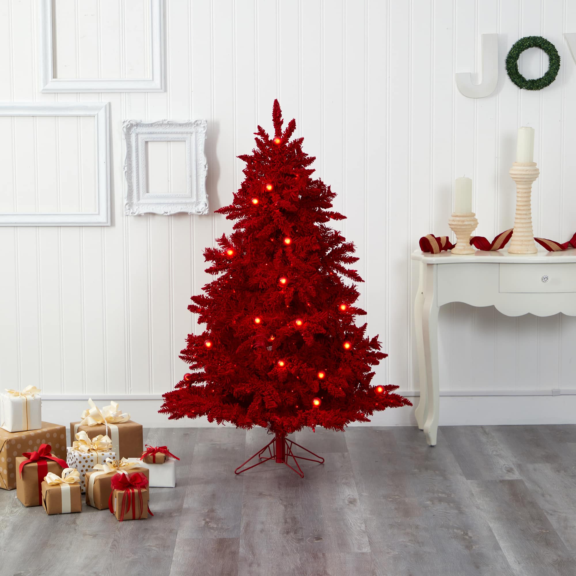 5ft. Pre-Lit Red Flocked Fraser Fir Artificial Christmas Tree with Red Lights