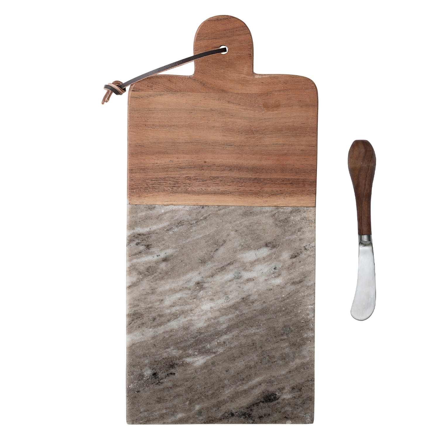 Marble &#x26; Acacia Wood Cutting Board Tray with Knife &#x26; Leather Tie