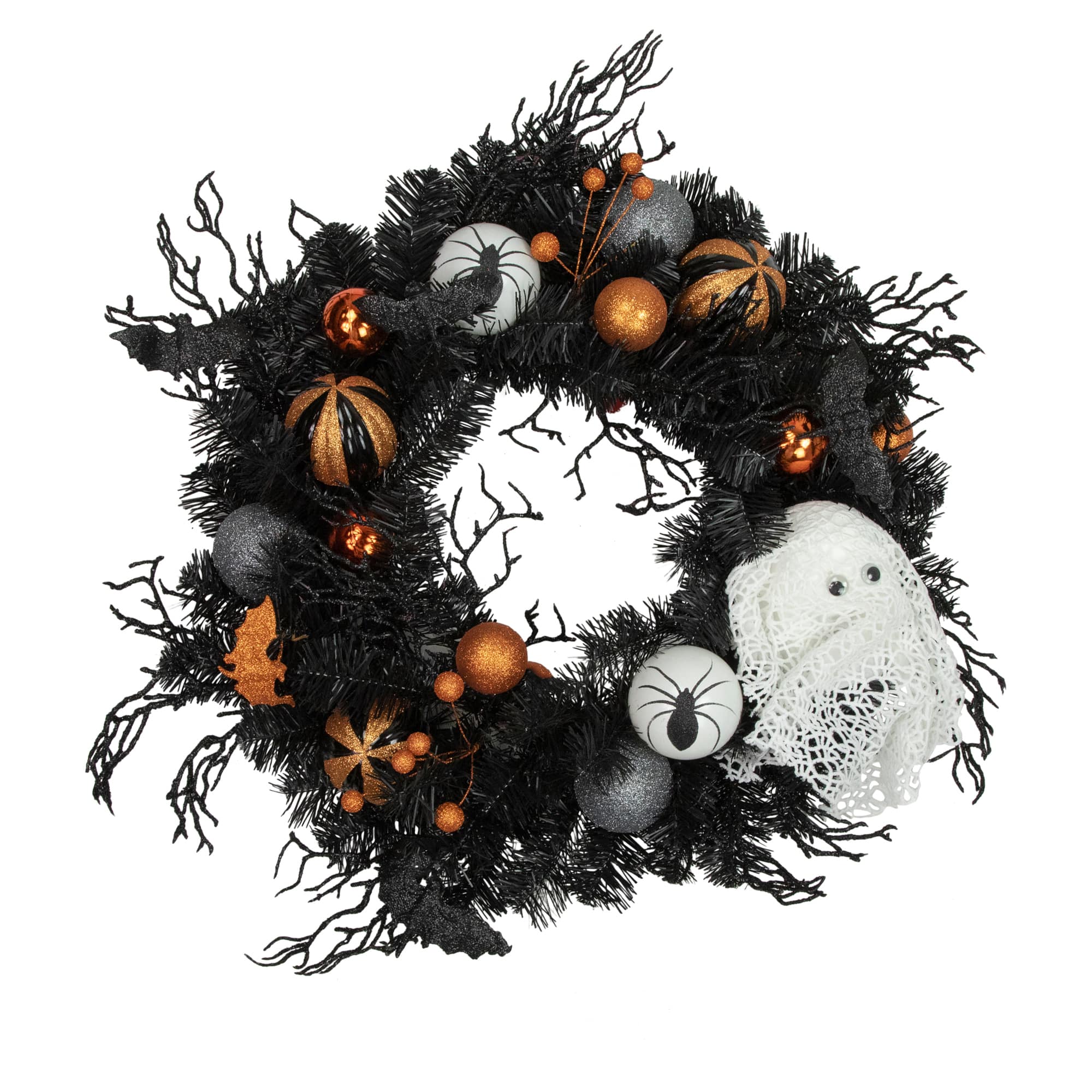 24&#x27;&#x27; Unlit Orange Ornaments and Ghost Halloween Pine Wreath