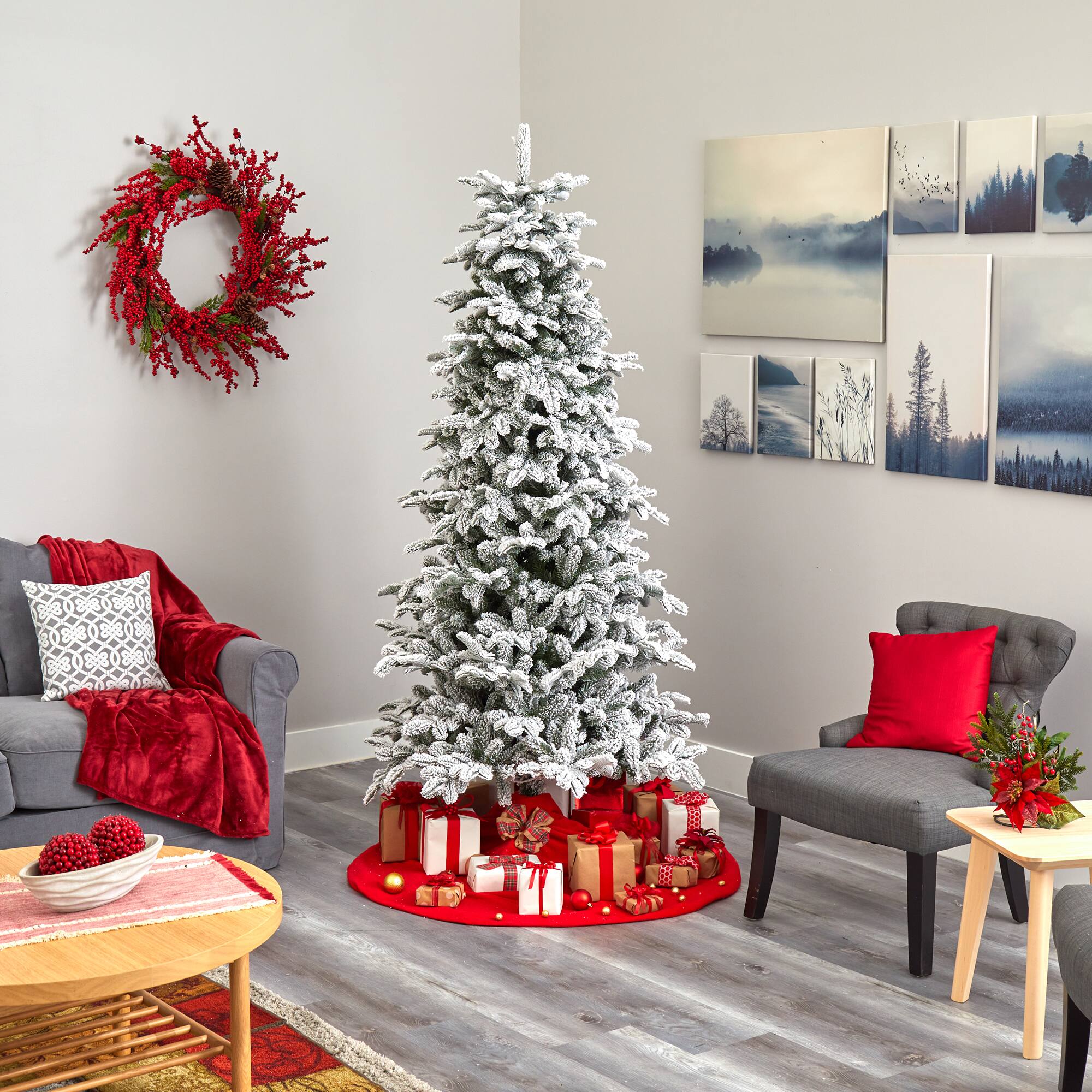 7ft. Pre-Lit Flocked North Carolina Fir Artificial Christmas Tree with Warm White Lights