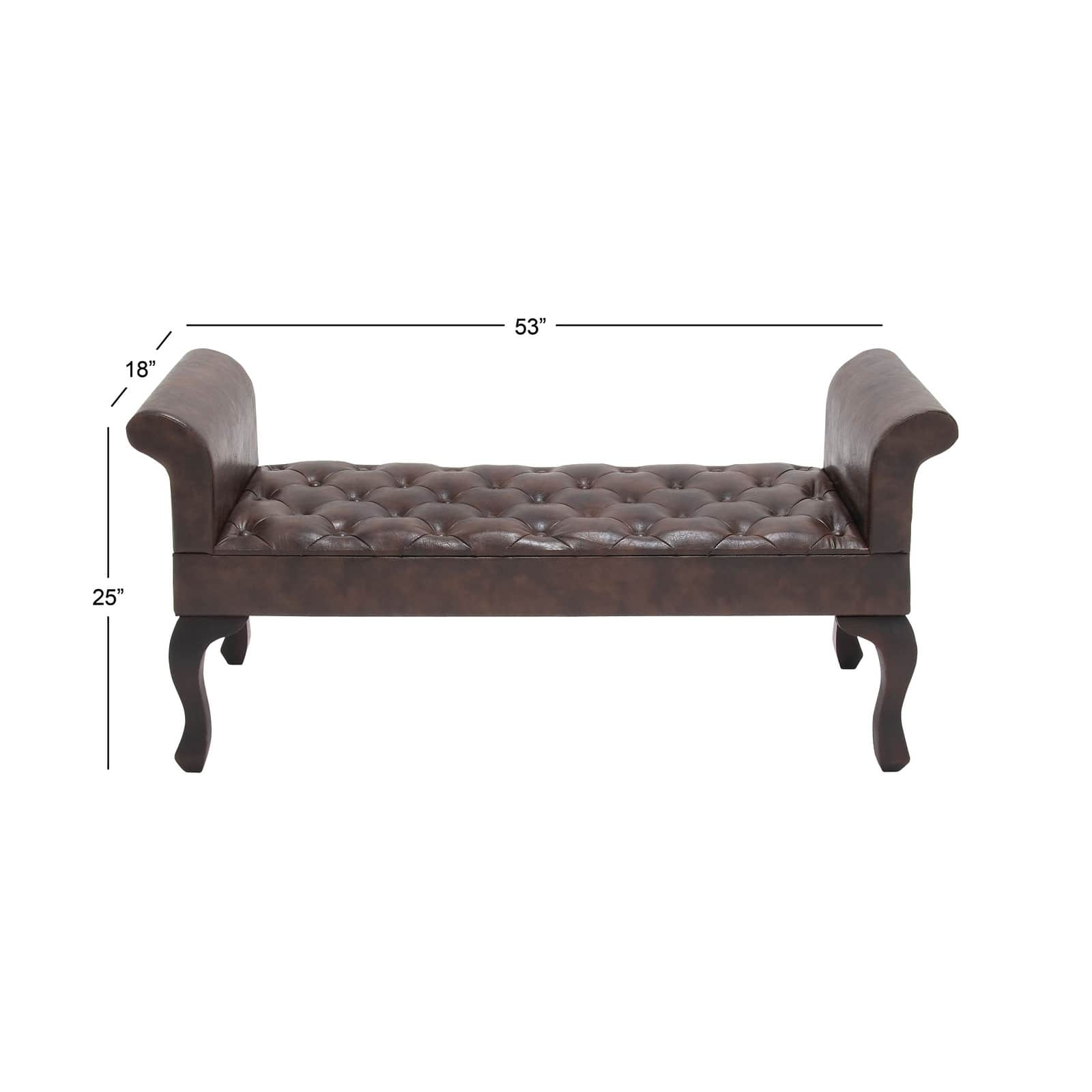 Brown Wood and Leather Traditional Bench, 25&#x22; x 53&#x22; x 18&#x22;