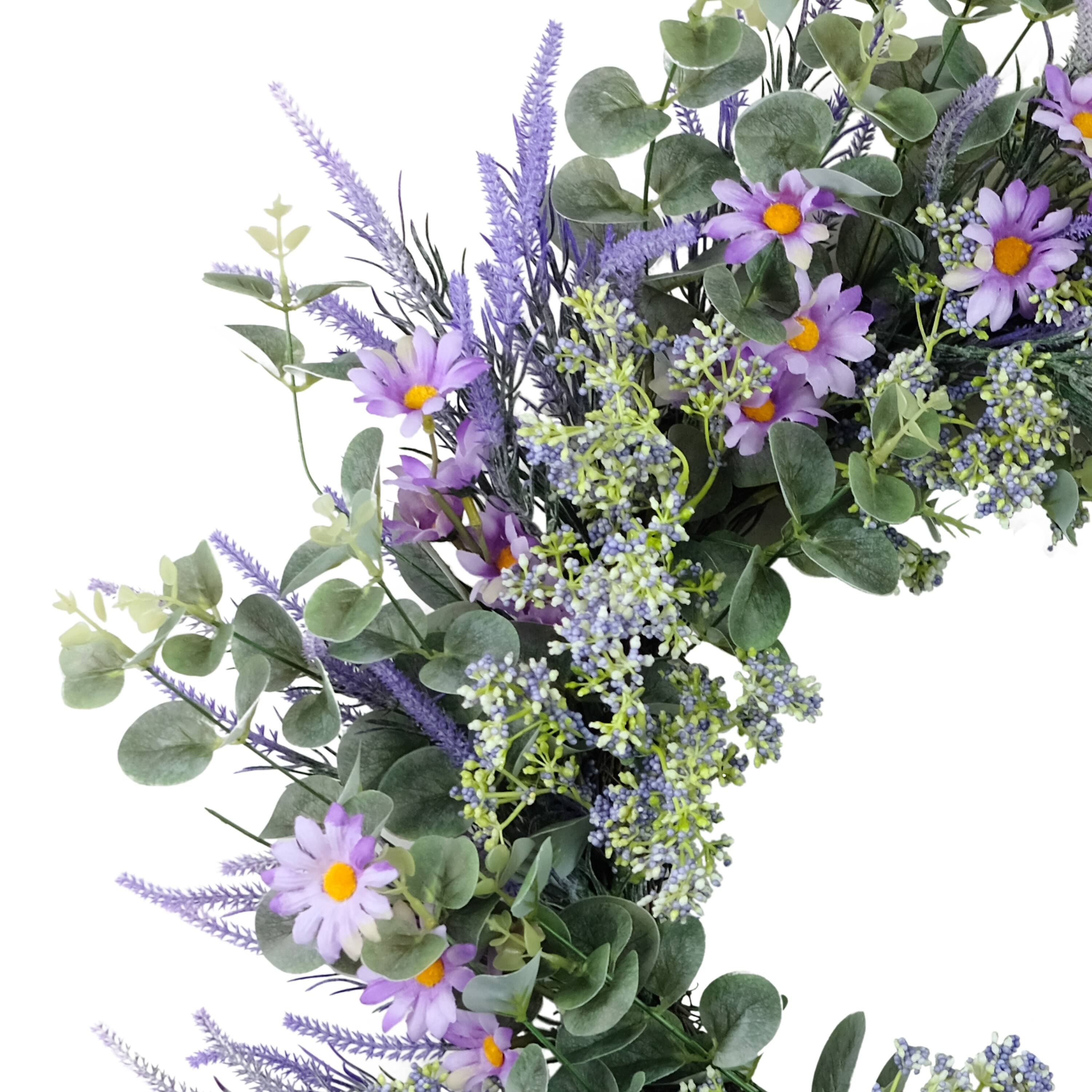 24" Purple Spring Daisy, Lavender & Eucalyptus Floral Wreath