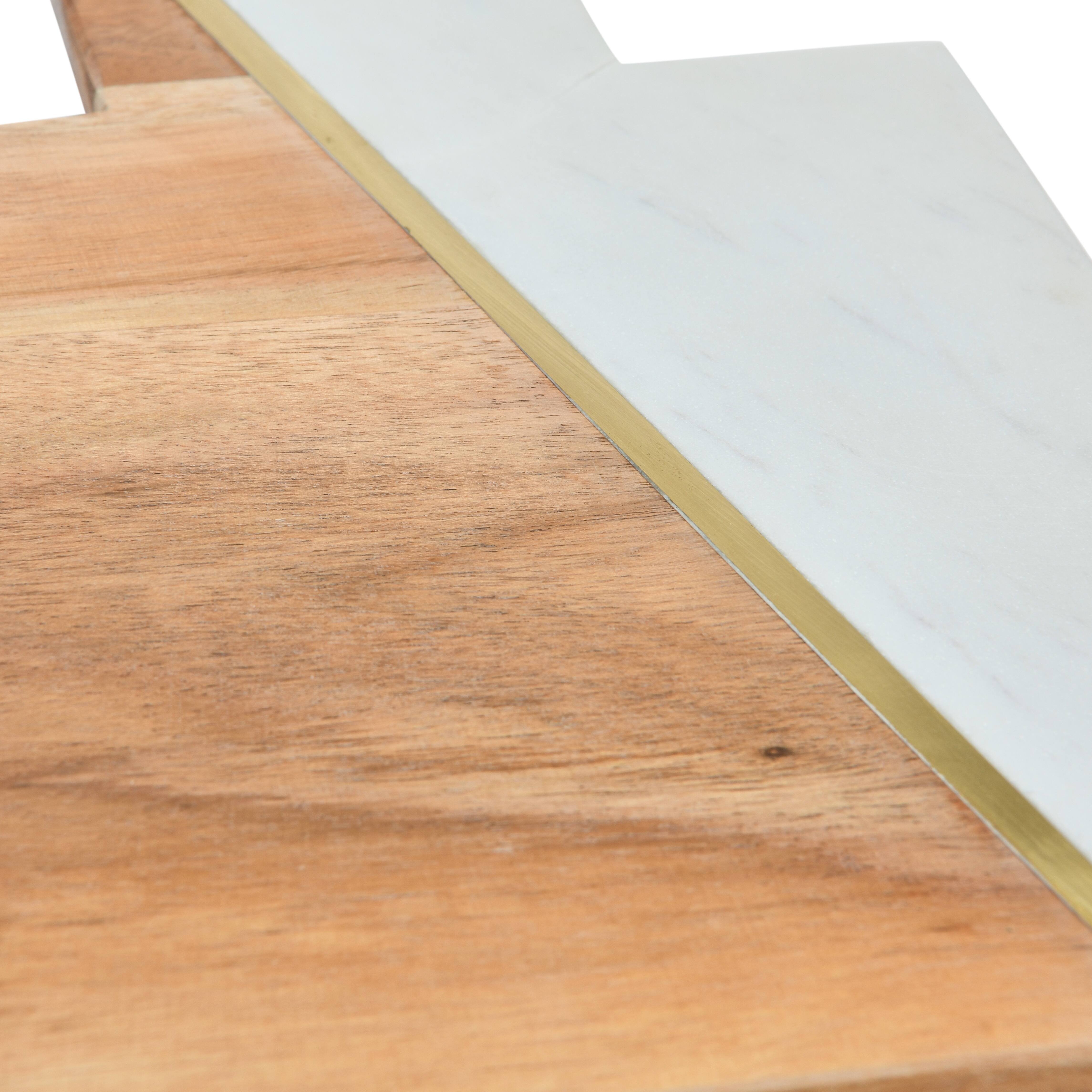 12&#x22; White and Natural Boho 2-Tone Marble and Acacia Wood Charcuterie or Cutting Board with Brass Inlay and Leather Tie