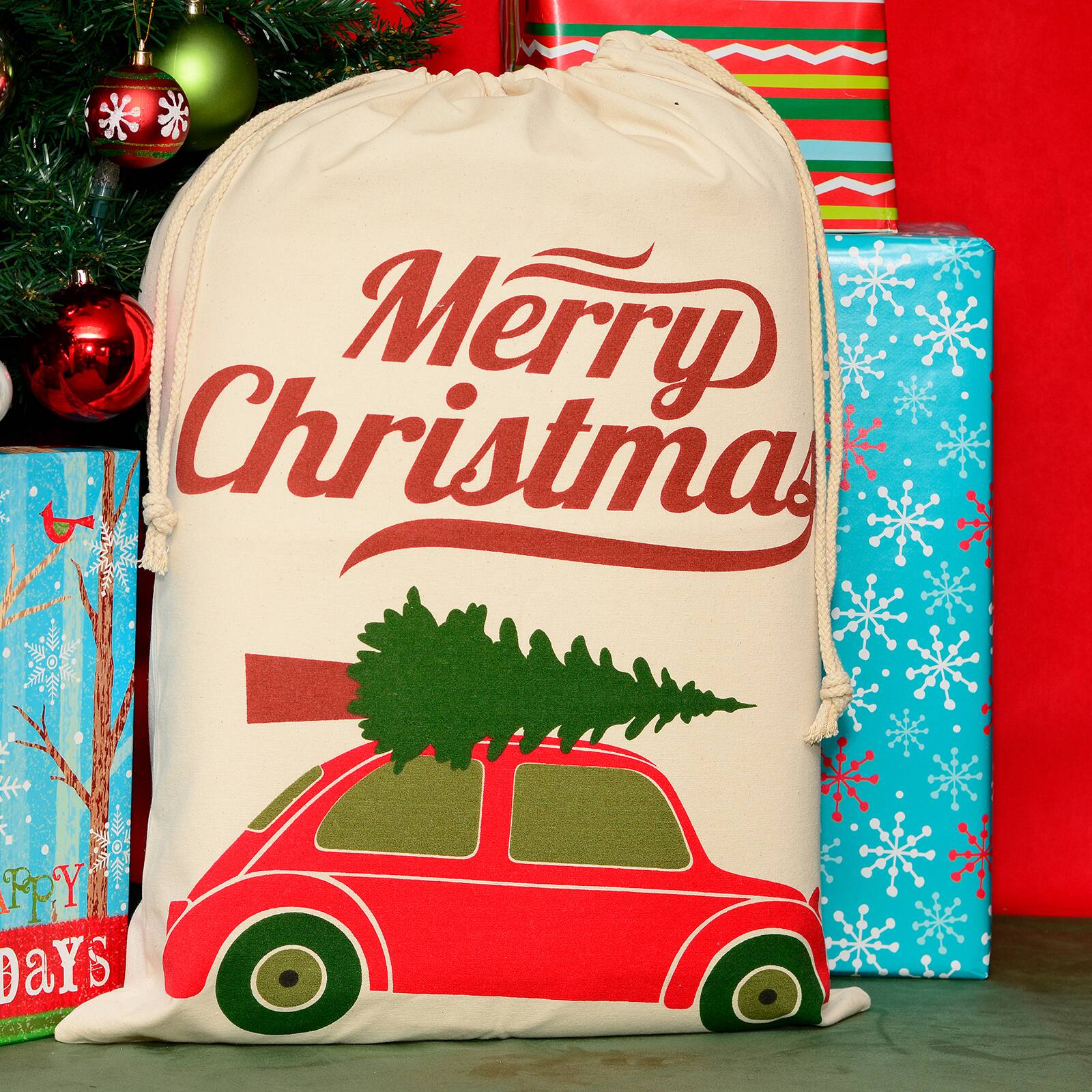 Personality Case&#x2122; 19&#x22; x 26&#x22; Merry Beatle Car Cotton Christmas Drawstring Bag