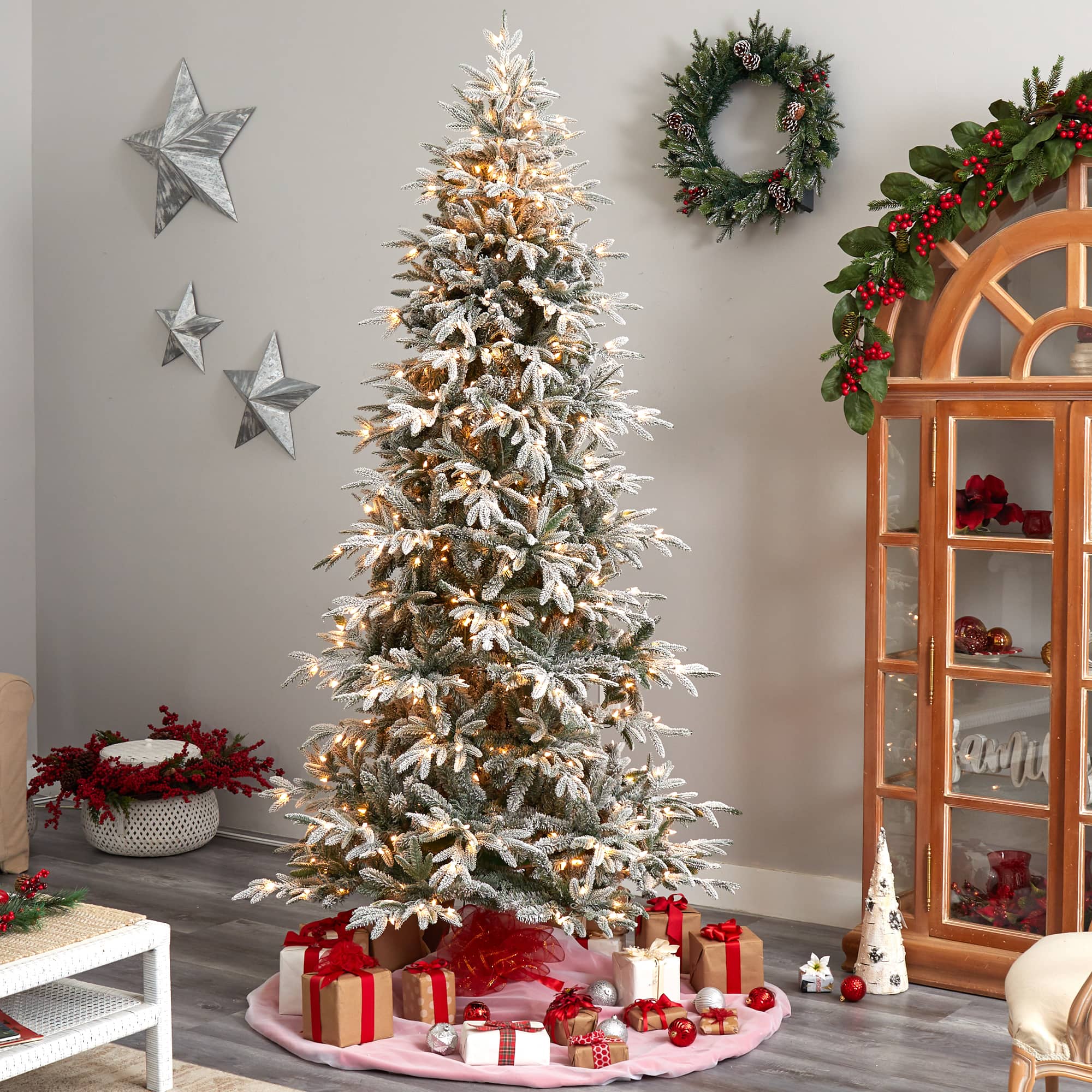 8.5ft. Pre-Lit Flocked Manchester Spruce Artificial Christmas Tree, Warm White Lights
