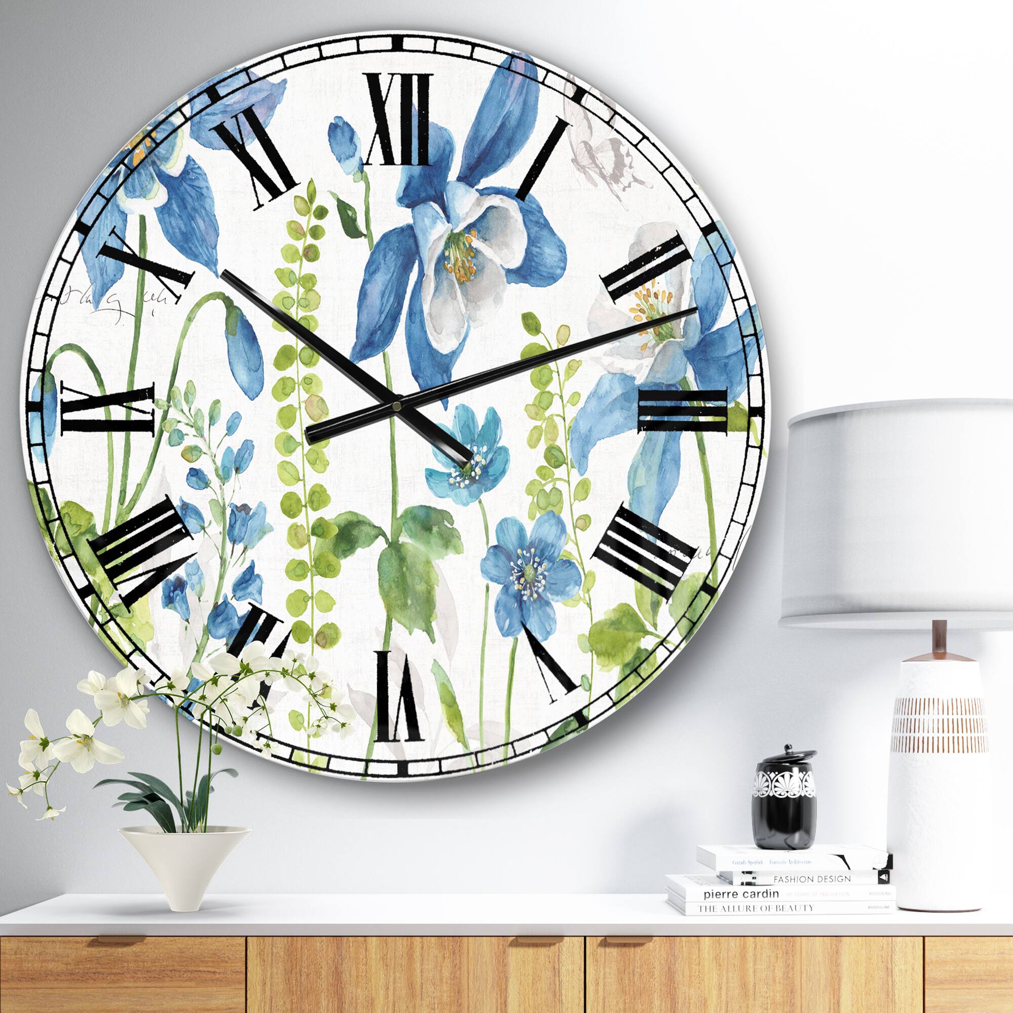 Designart 'Bluebell And Columbine Wild Flowers With Butterfly Traditional Wall Clock
