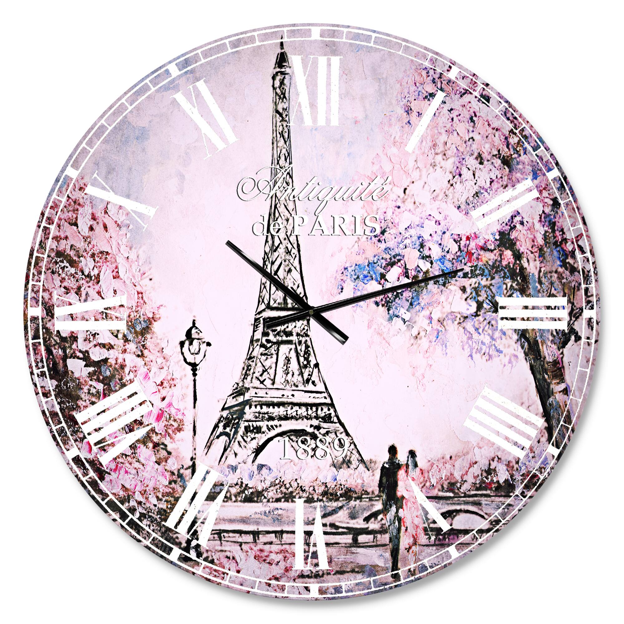 Designart 'Eiffel With Pink Flowers French Country Wall Clock