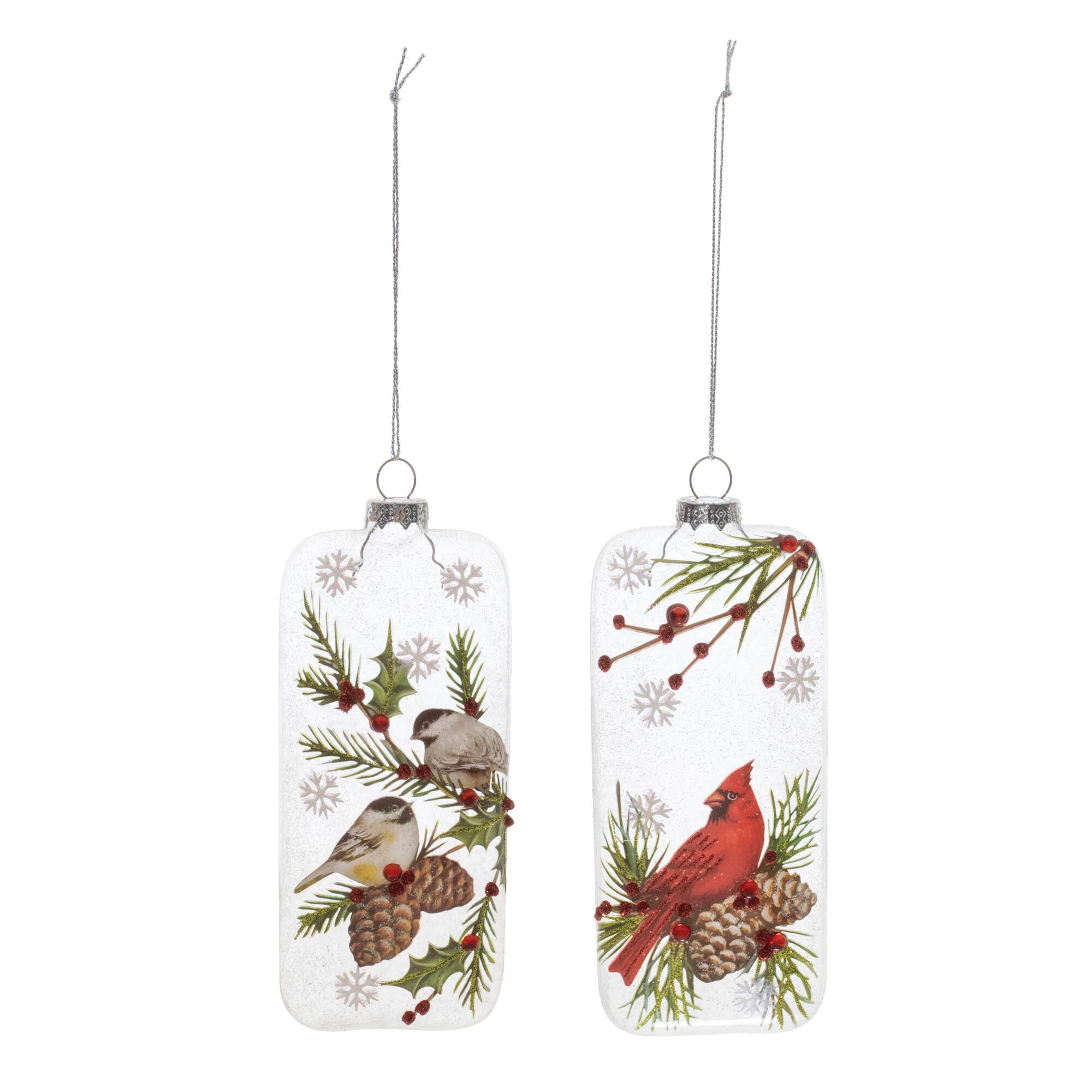 6" Glittered Glass Cardinal & Chickadee Ornaments Set