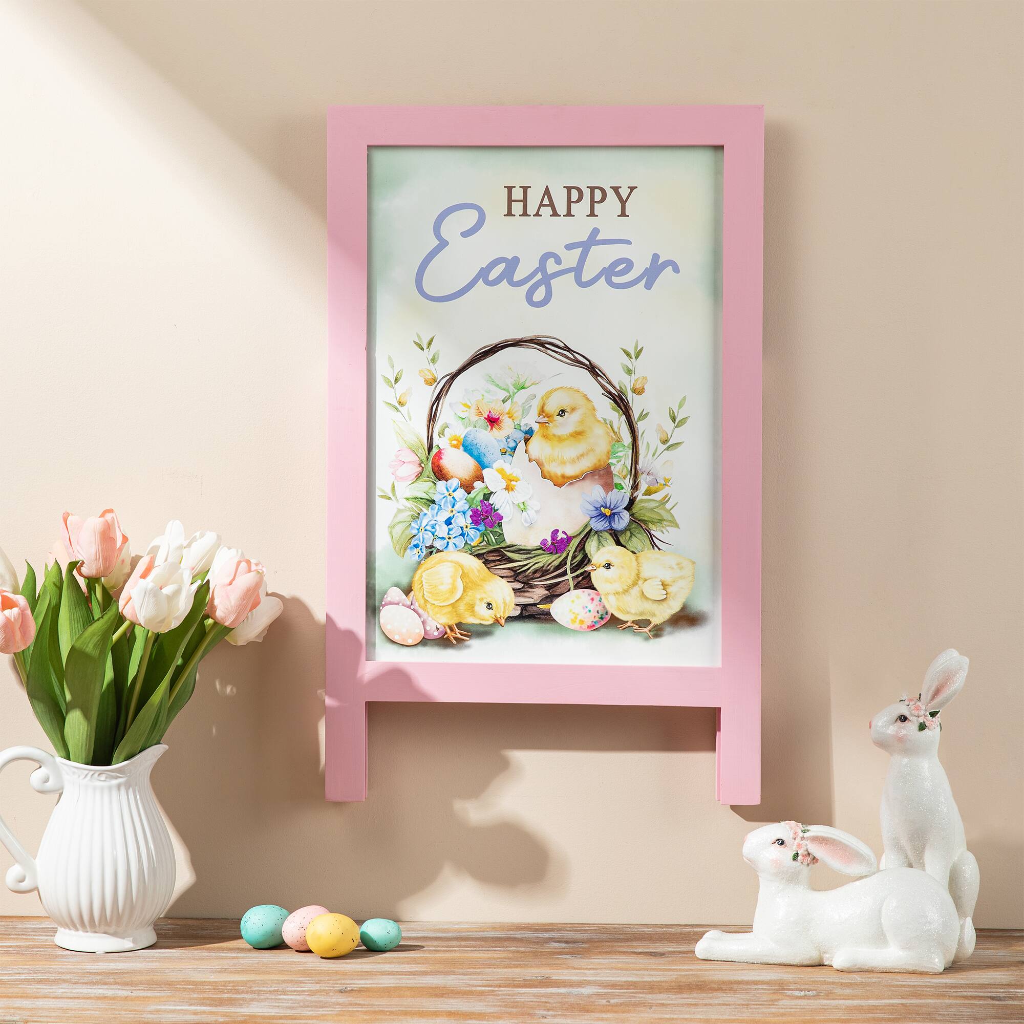 Glitzhome&#xAE; 23.75&#x22; Easter Wooden Chicks Easel Porch Sign