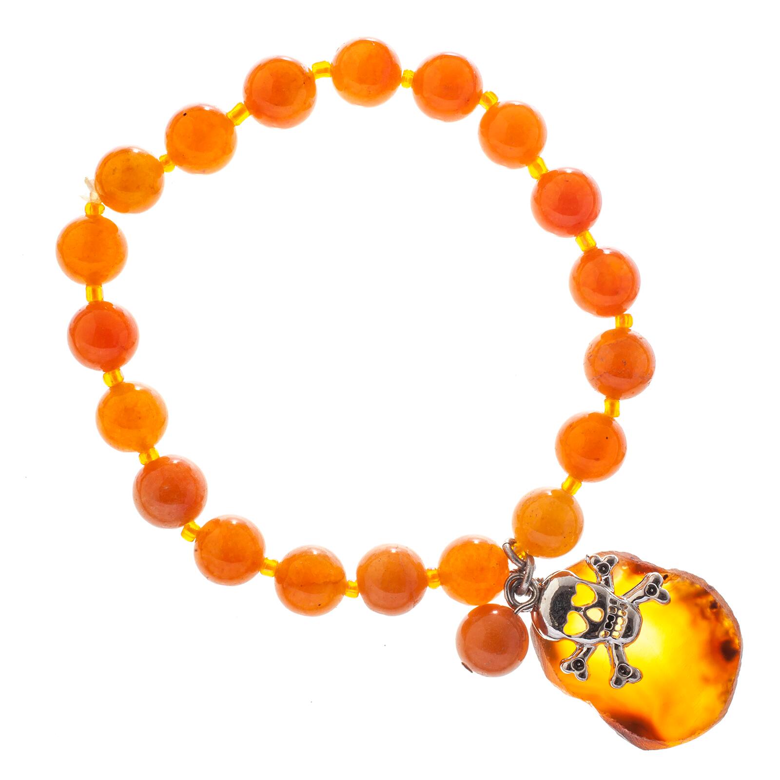 John Bead Peach Aventurine Stretch Bracelet with Agate & Skull Charms