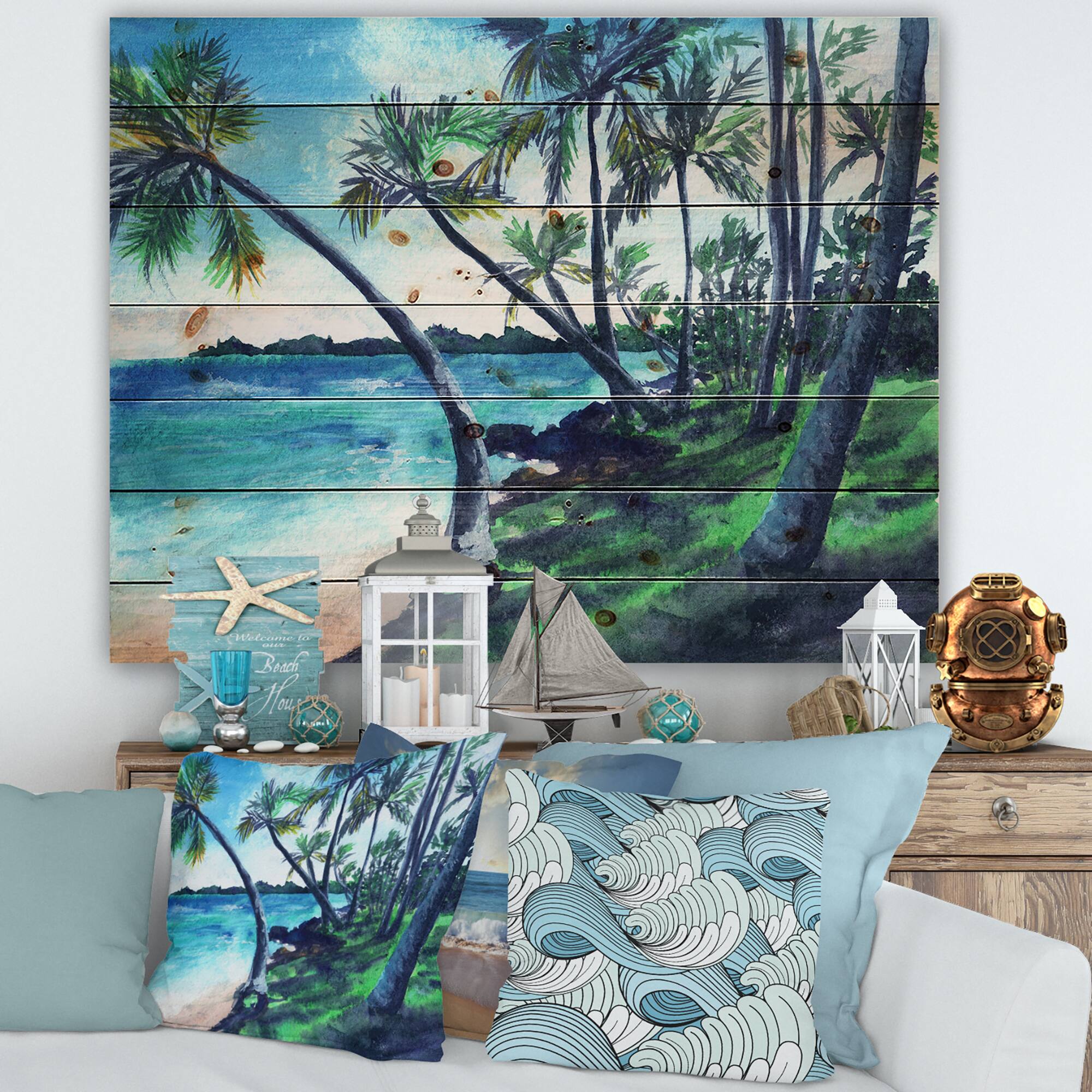 Designart - Tropical Beach In Summer Paradise - Nautical &#x26; Coastal Print on Natural Pine Wood