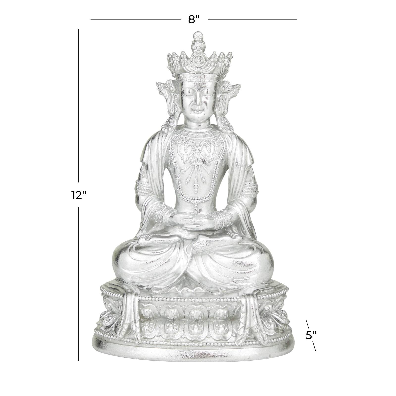 Silver Resin Bohemian Buddha Sculpture, 12" x 8" x 5"