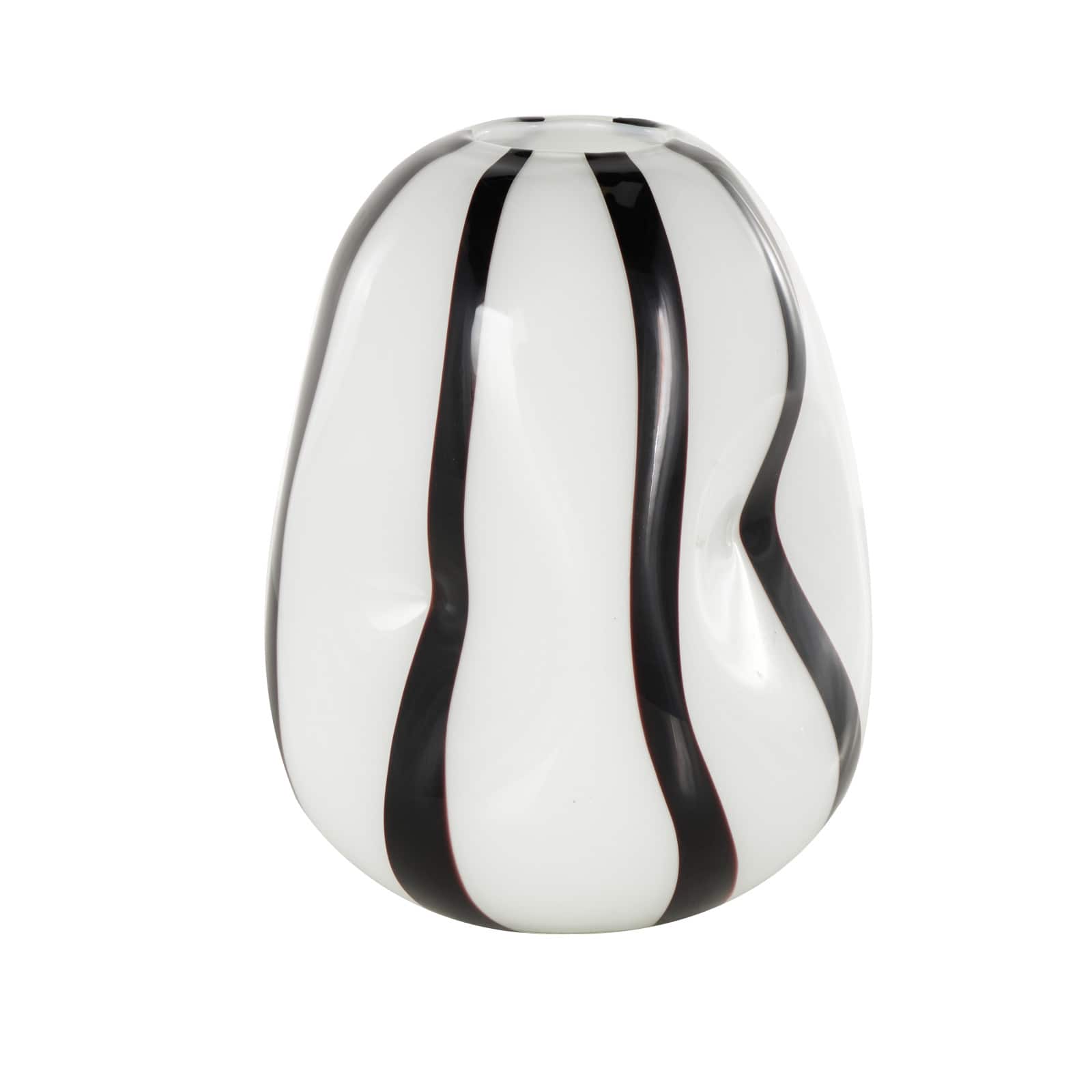 12" White & Black Stripes Glass Round Concaved Vase
