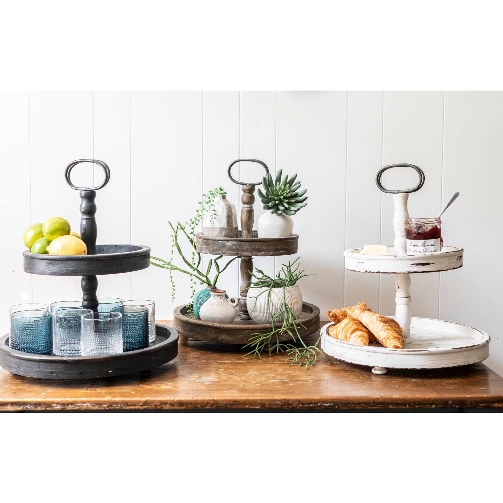 Hello Honey&#xAE; 18.5&#x22; Distressed Black Wood 2-Tier Tray