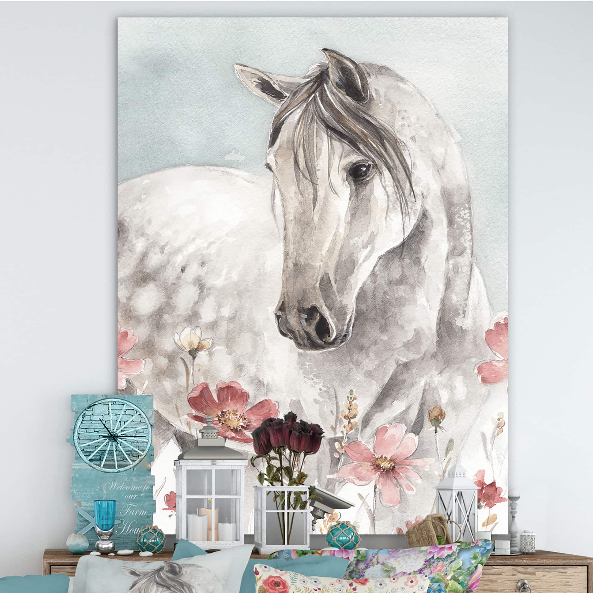 Designart - watercolors Pink Wild Horses II - Farmhouse Premium Canvas Wall Art
