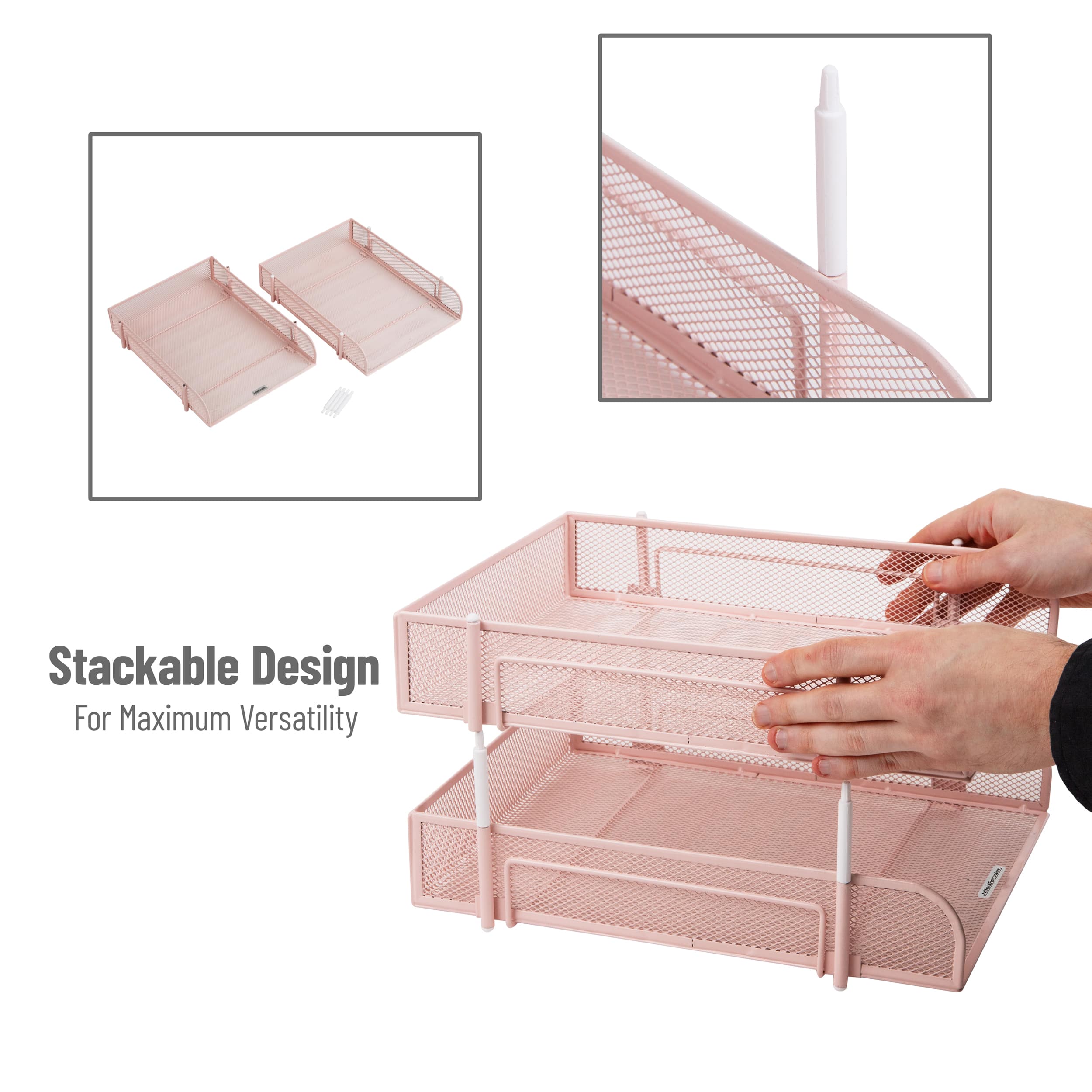 Mind Reader Stackable Paper Tray, Desktop Organizer, File Storage, Office, Metal Mesh, 10.5"L x 13.25"W x 7.5"H, 2 Pcs, Pink
