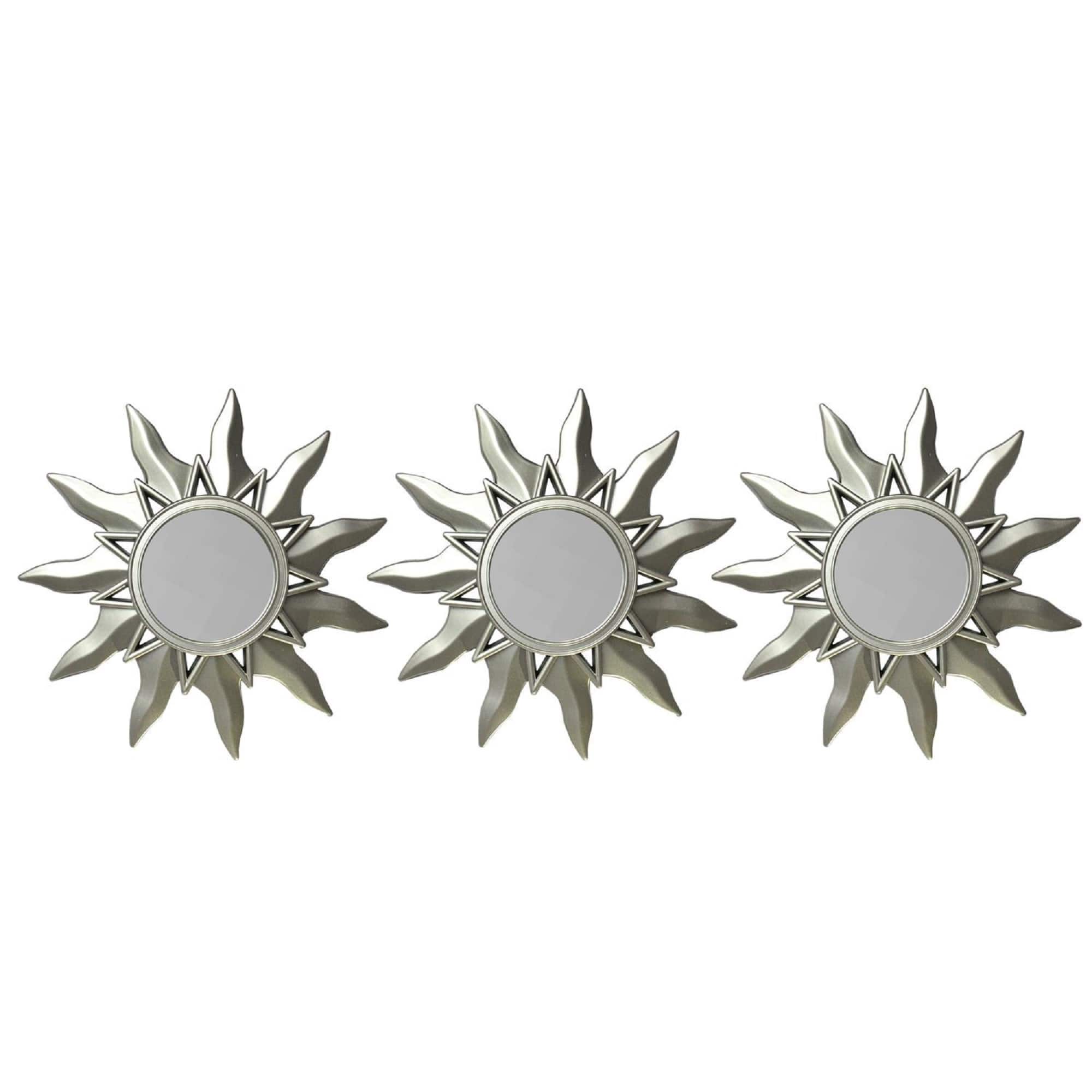 9.5" Mayan Sunburst Matte Silver Round Mirror Set