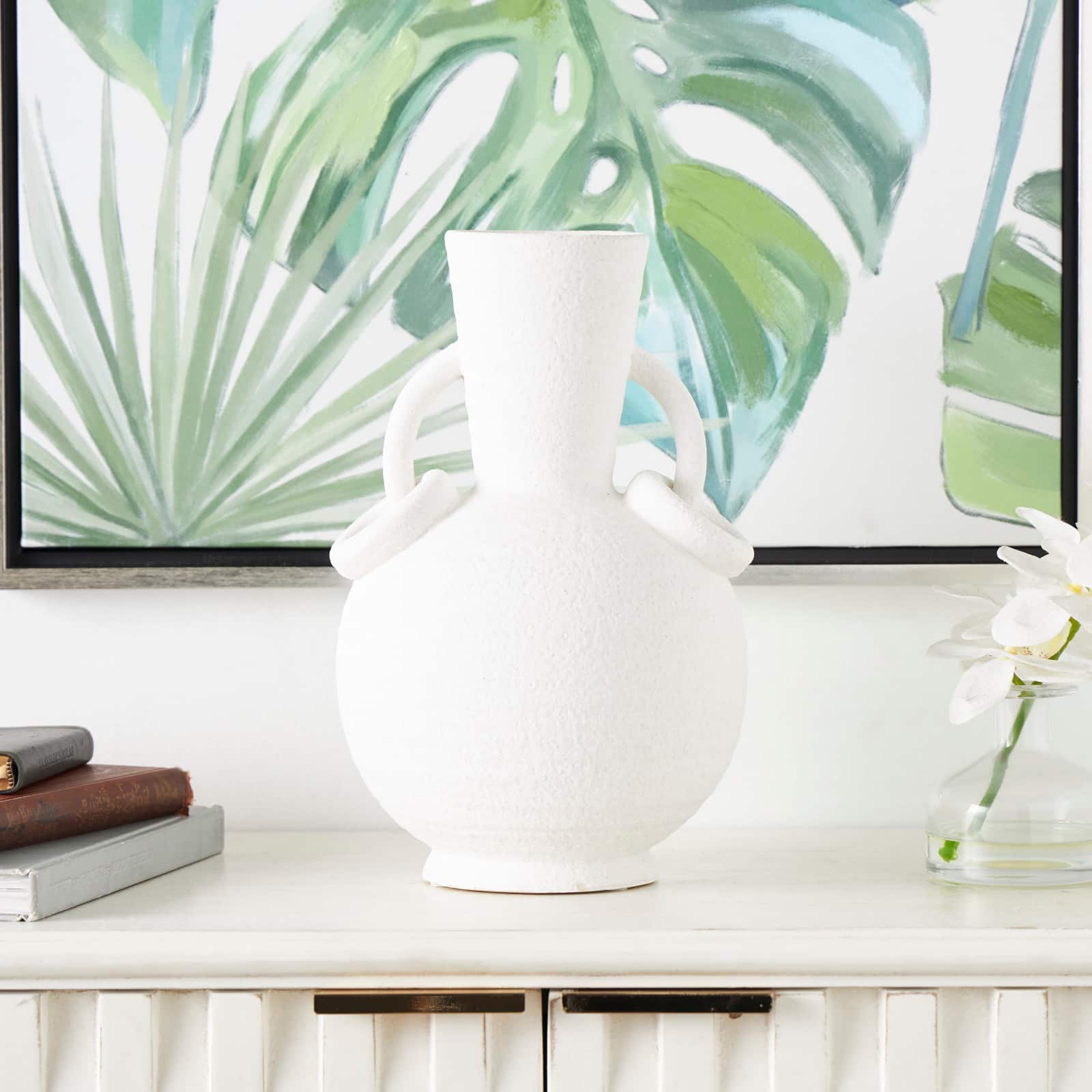 13&#x22; White Ceramic Textured Vase with Ring Handles