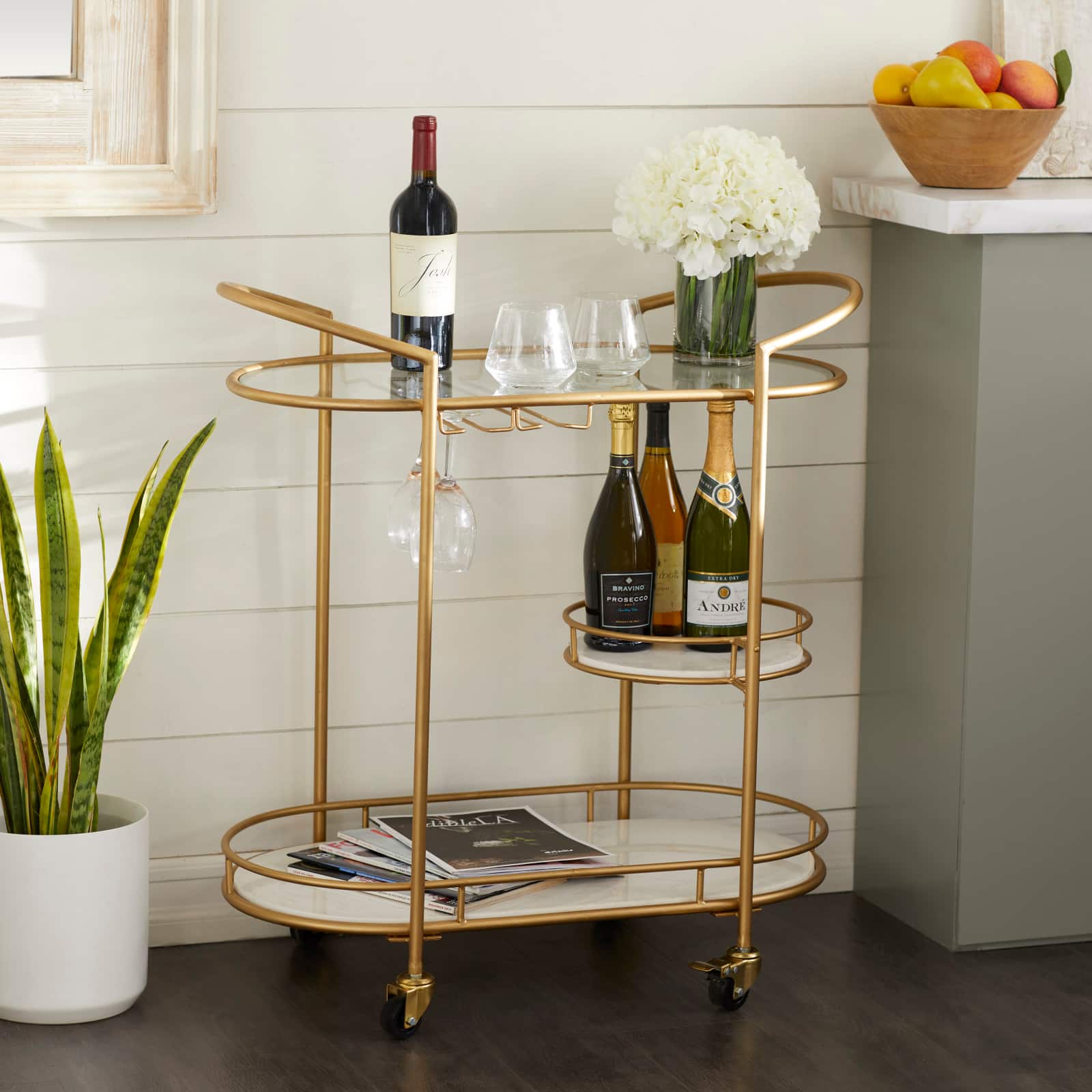 Gold Metal Contemporary Bar Cart, 33&#x22; x 31&#x22; x 16&#x22;