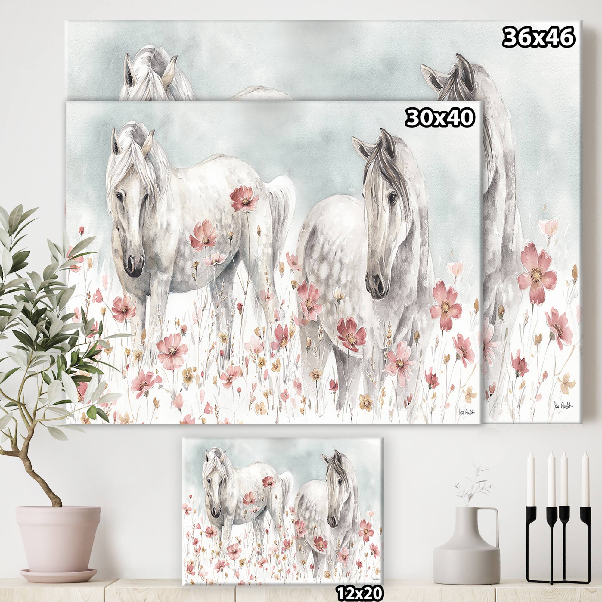 Designart - watercolors Pink Wild Horses - Farmhouse Premium Canvas Wall Art