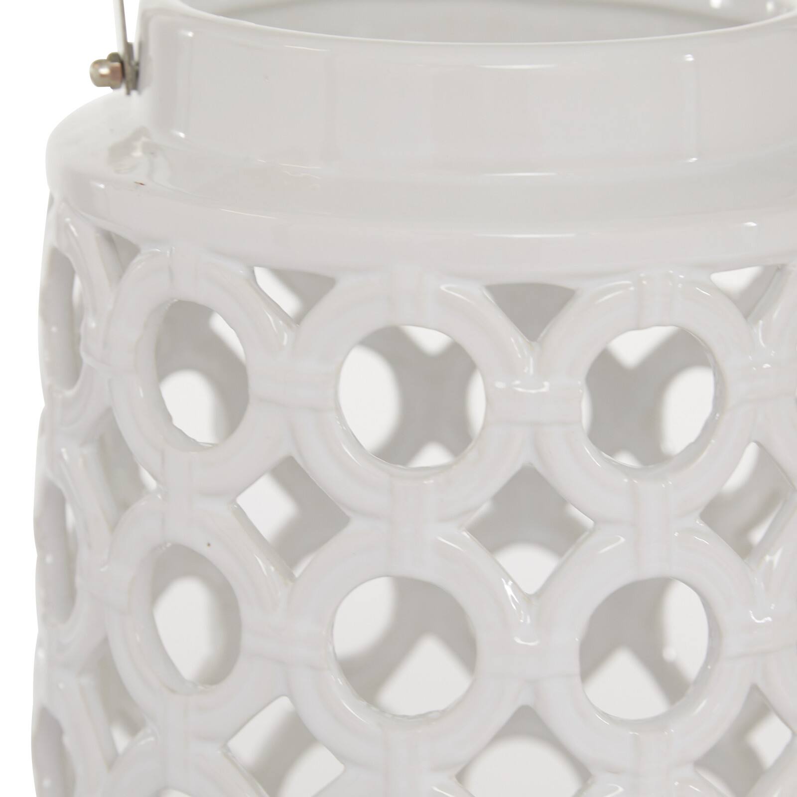 White Ceramic Contemporary Candle Holder Lantern, 11" x 7" x 8"