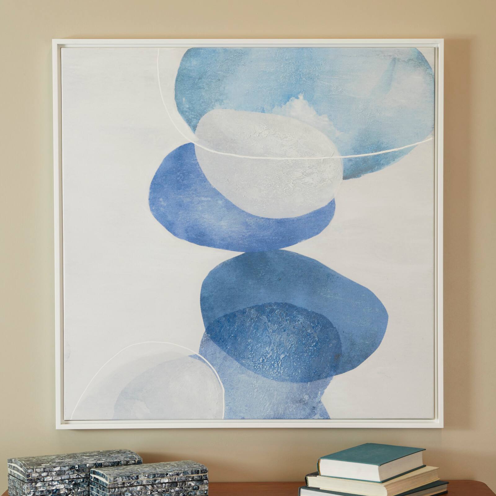 Blue Canvas Overlapping Circle Abstract Framed Wall Art with White Frame 37" x 1" x 37" Framed
