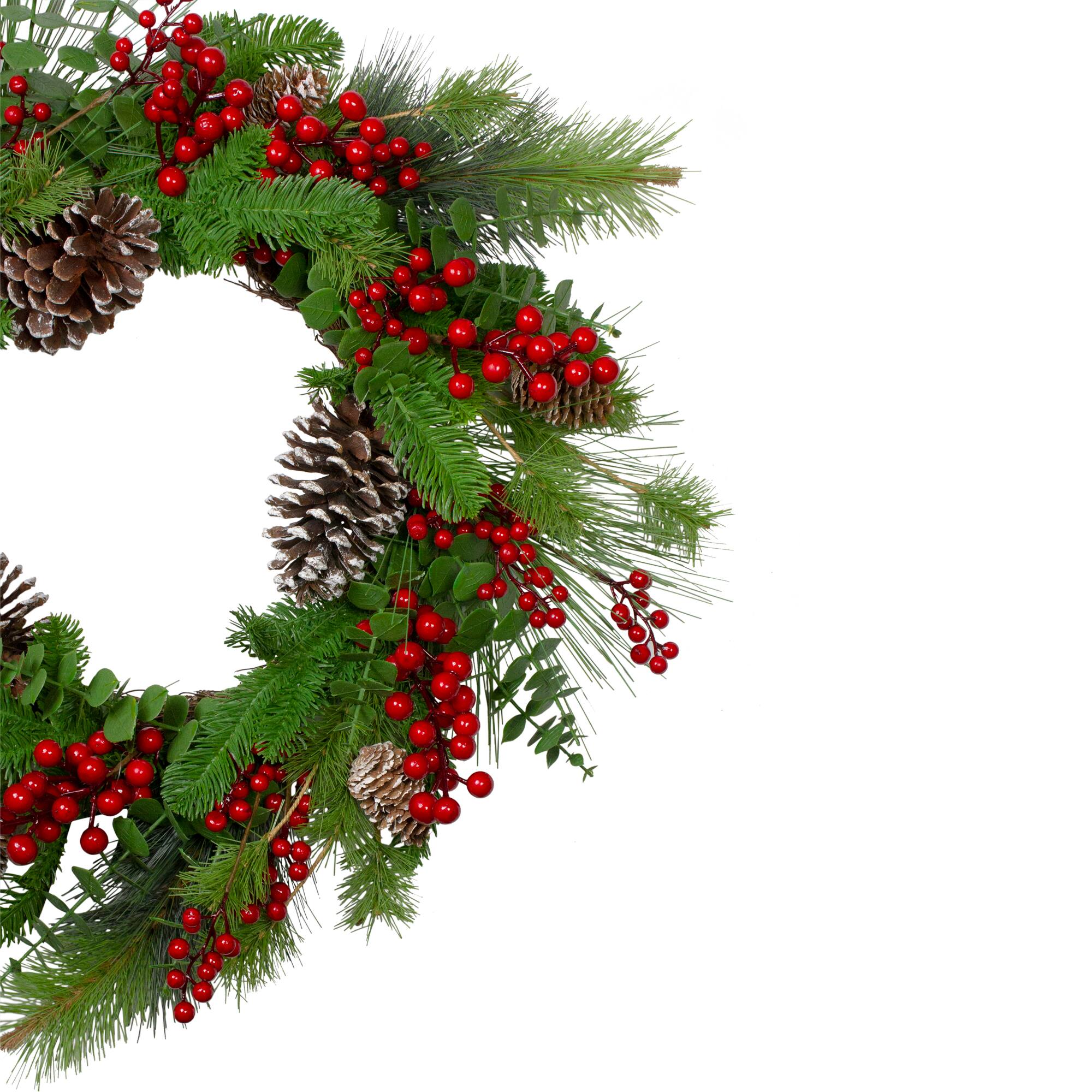 24&#x22; Christmas Artificial Holly Berry &#x26; Snowy Pinecone Wreath