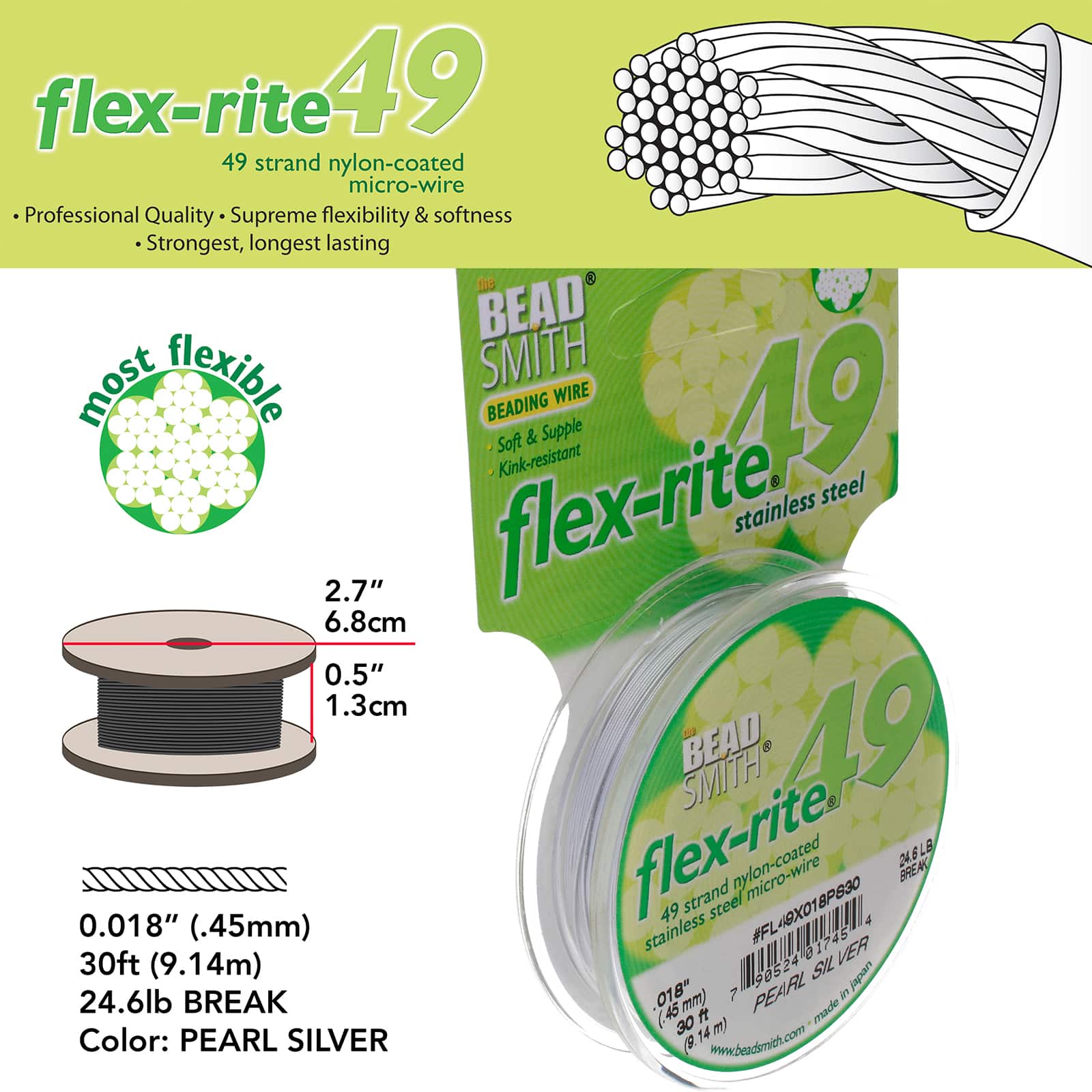 The Beadsmith® Flex-rite® 0.018" Pearl Silver 49 Strand Wire, 30ft.