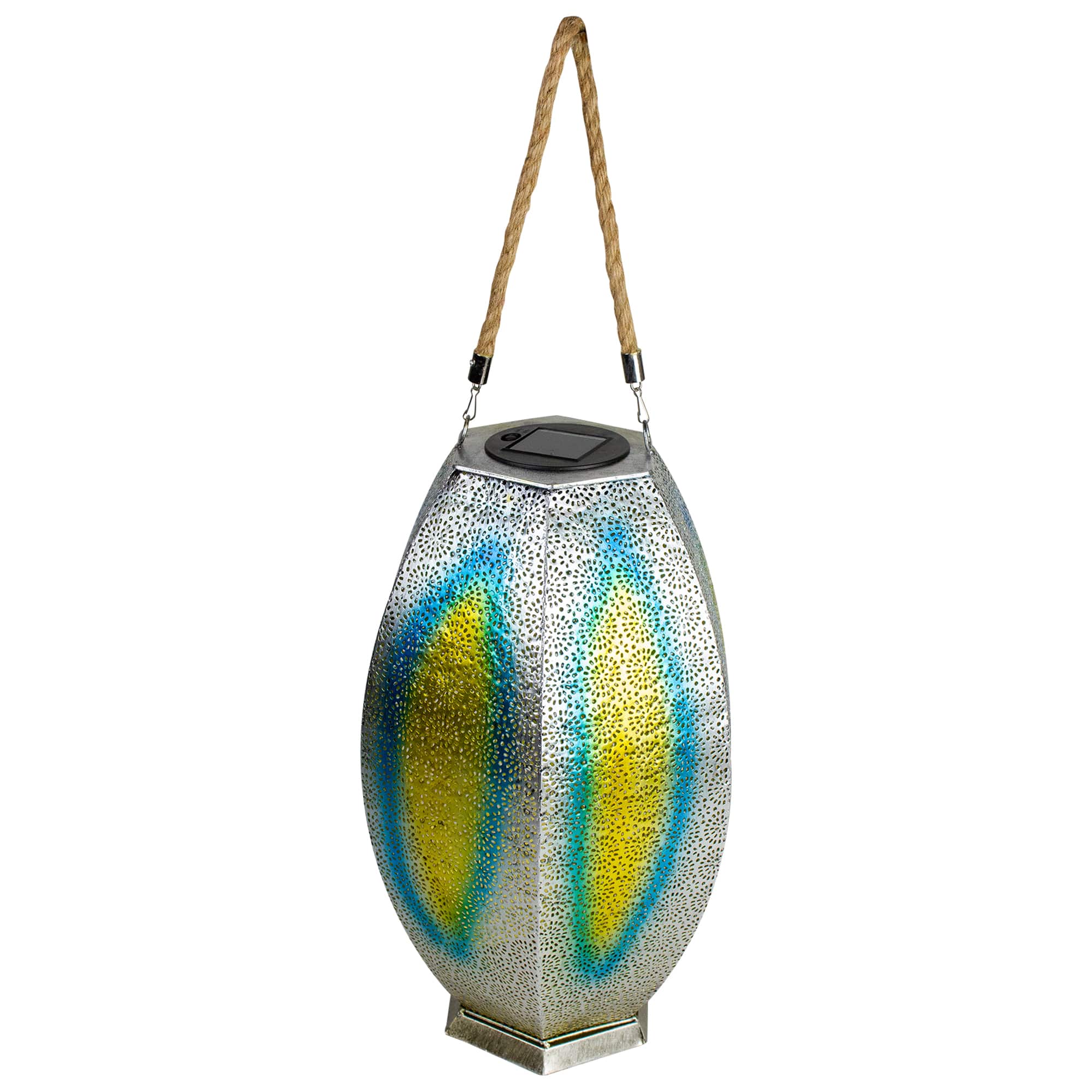 15.5&#x22; Silver Floral Outdoor Hanging Solar Lantern with Jute Handle