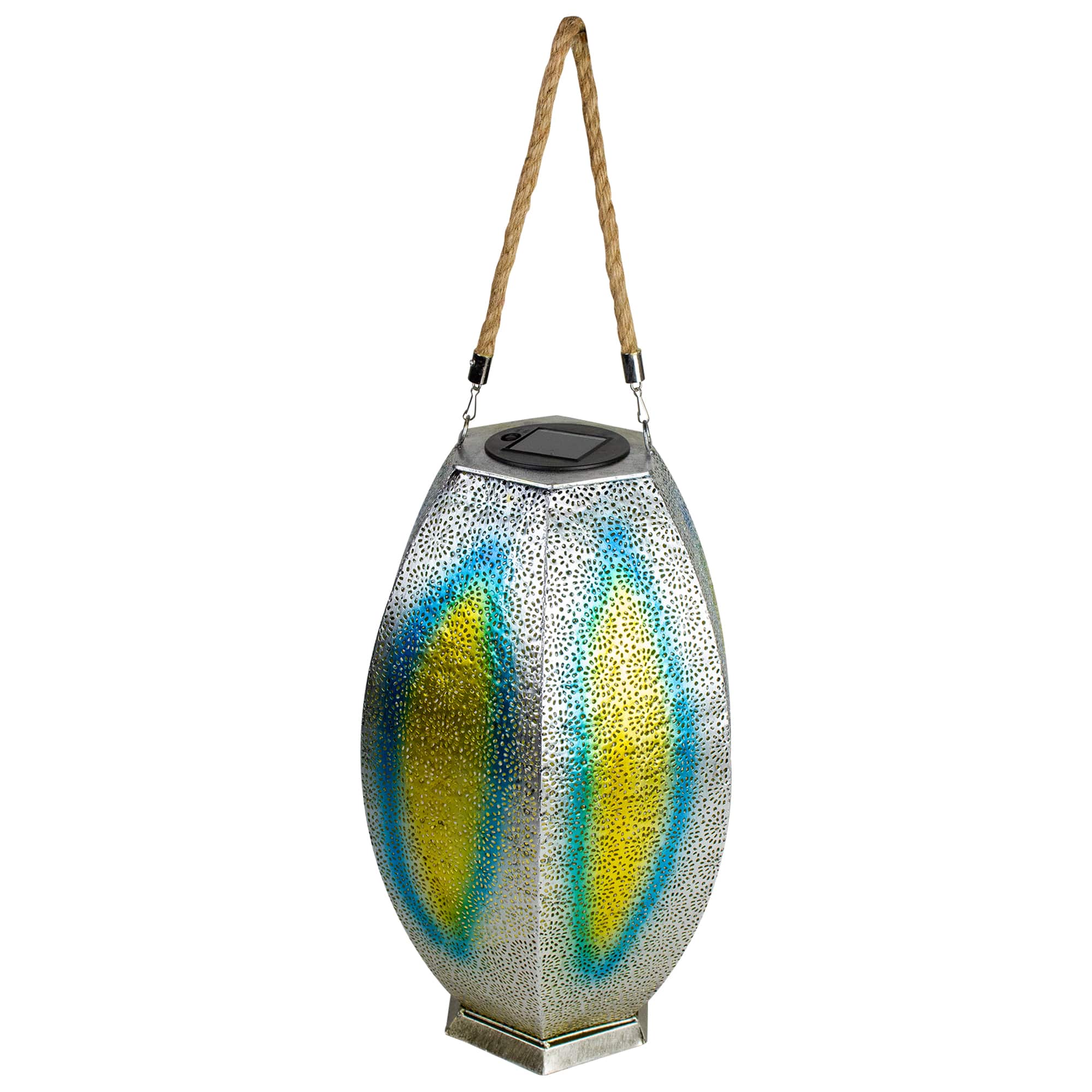 15.5" Silver Floral Outdoor Hanging Solar Lantern with Jute Handle