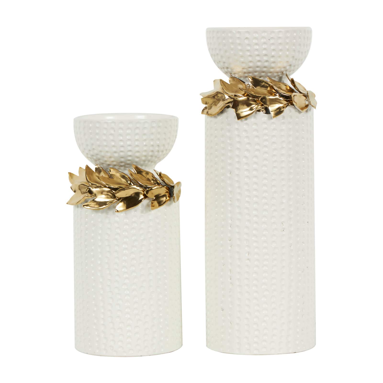White Abstract Spotted Ceramic Pillar Candle Holder Set with Gold Leaf Accents