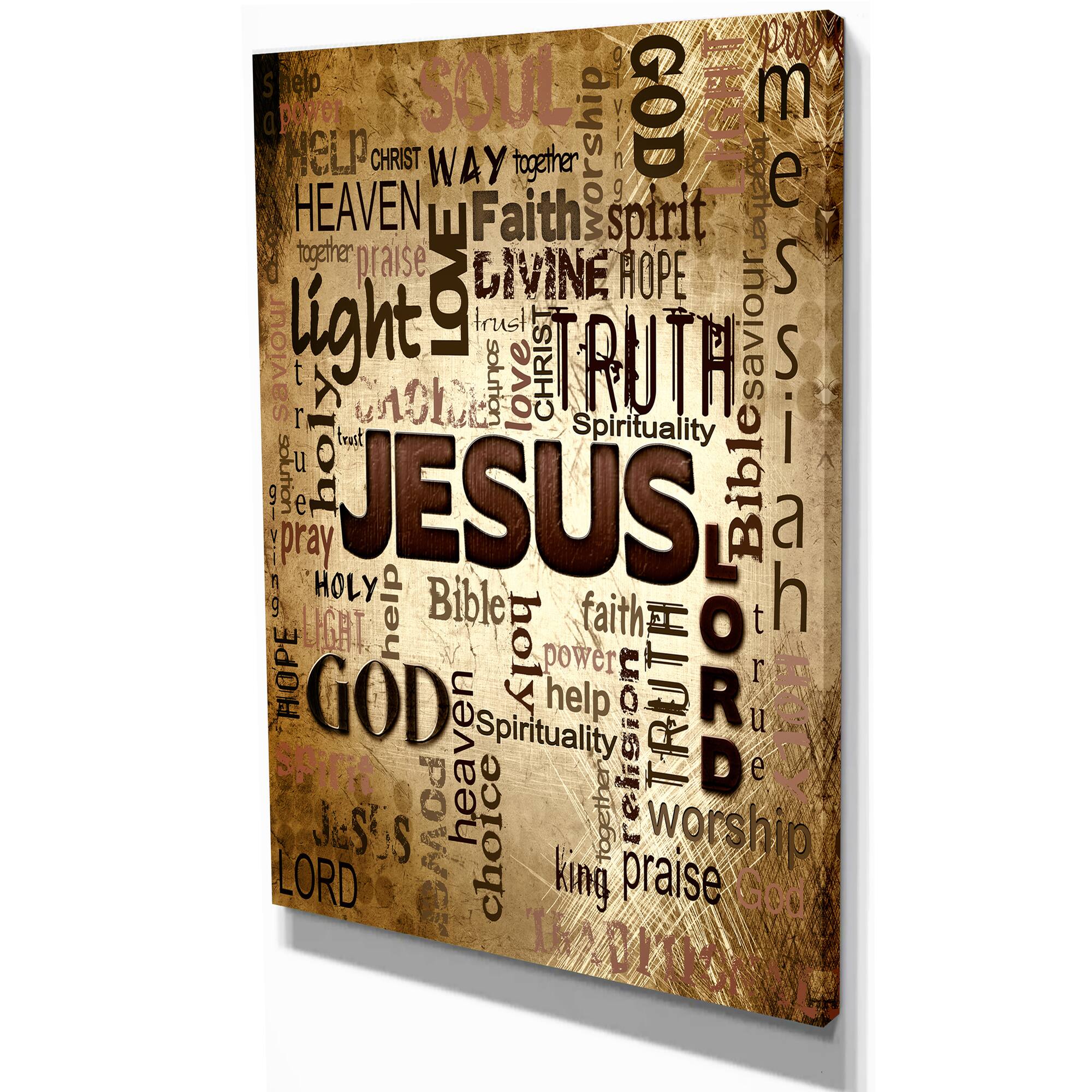 Designart - Jesus' word cloud in grunge background - Religious Contemporary on Wrapped Canvas