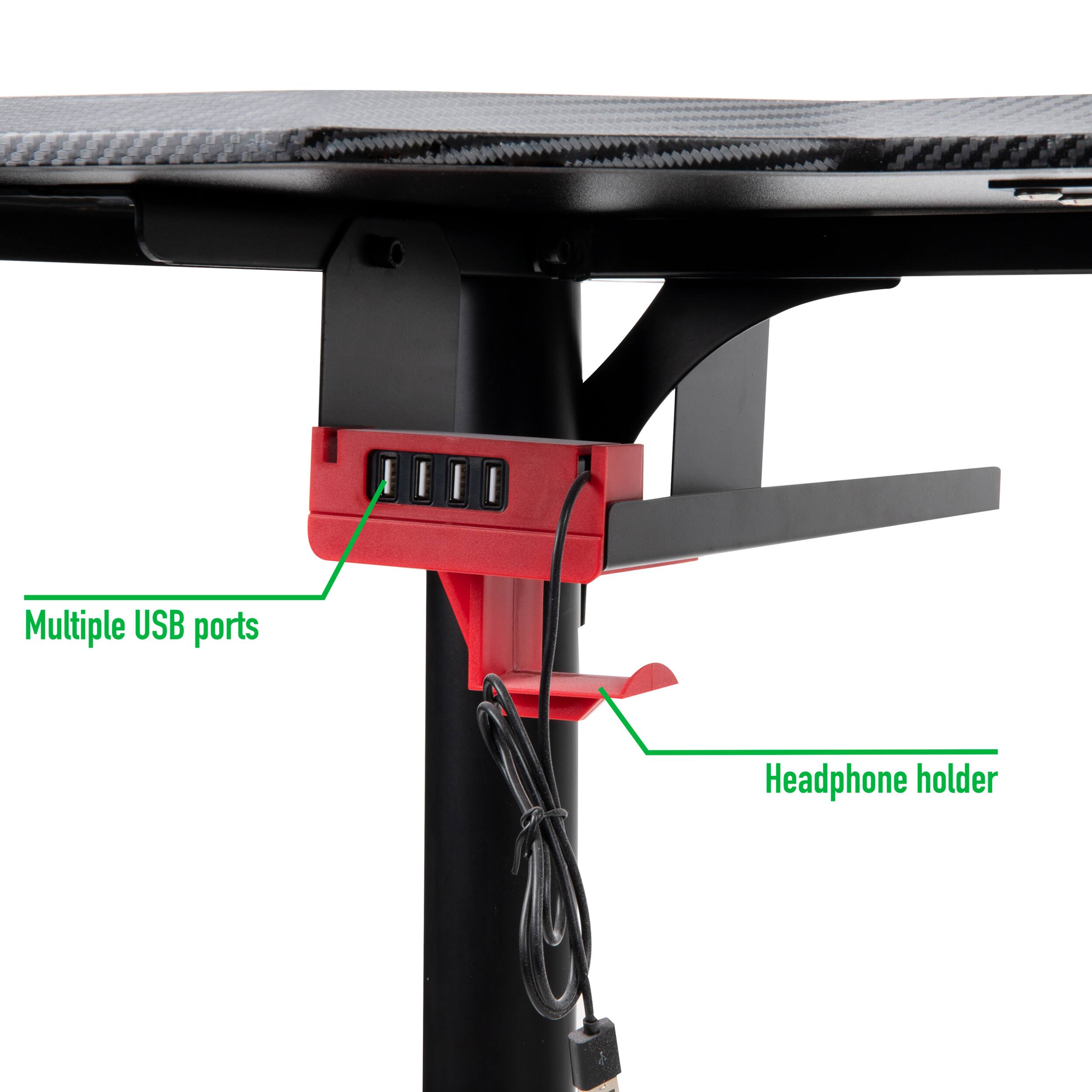 Mind Reader 59" Red & Black Gaming Desk with USB Hub & Headphone Holder