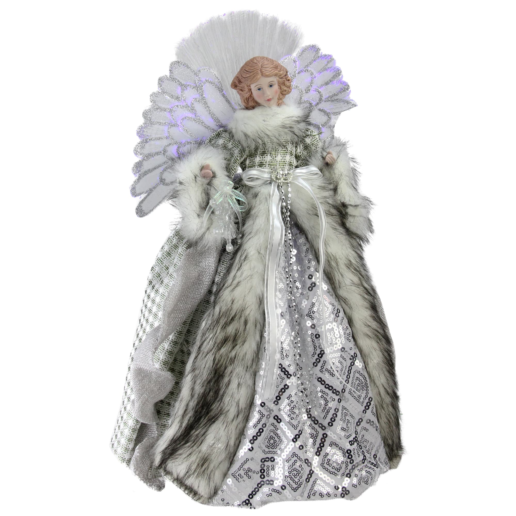 16" Lighted Fiber Optic Angel in Silver Gingham Coat Tree Topper