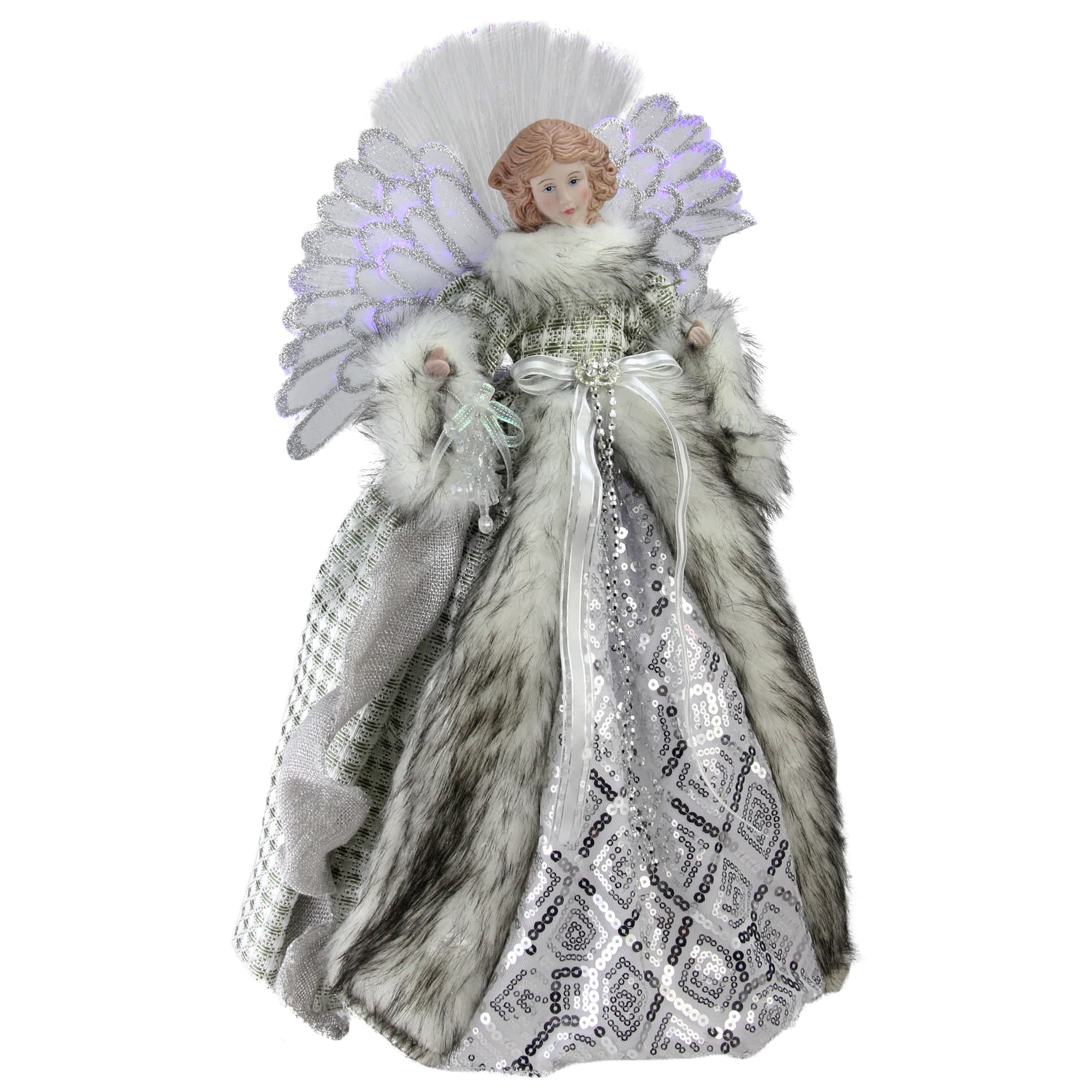 16&#x22; Lighted Fiber Optic Angel in Silver Gingham Coat Tree Topper