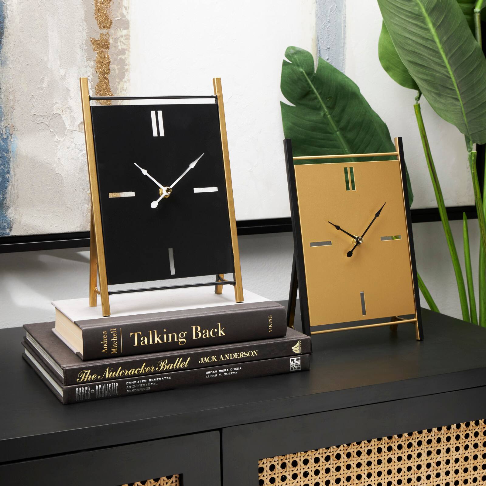CosmoLiving by Cosmopolitan 10&#x22; Black Metal Rectangular Angled Clock Set with Gold Accents &#x26; Cutout Tick Hour Markers