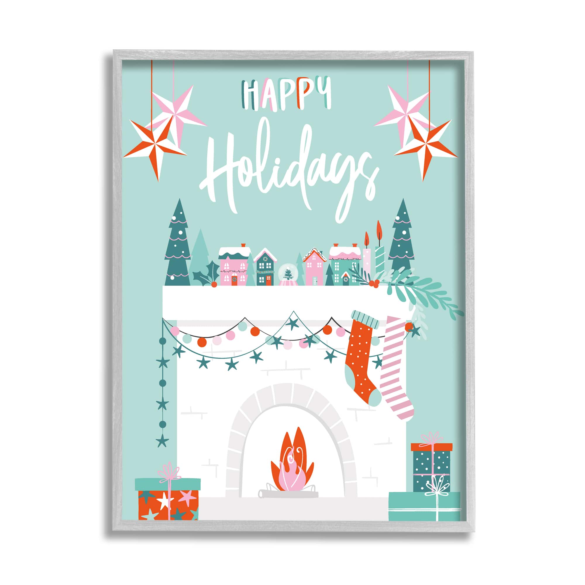 Stupell Industries Happy Holidays Festive Mantel Stockings Framed Giclee Art