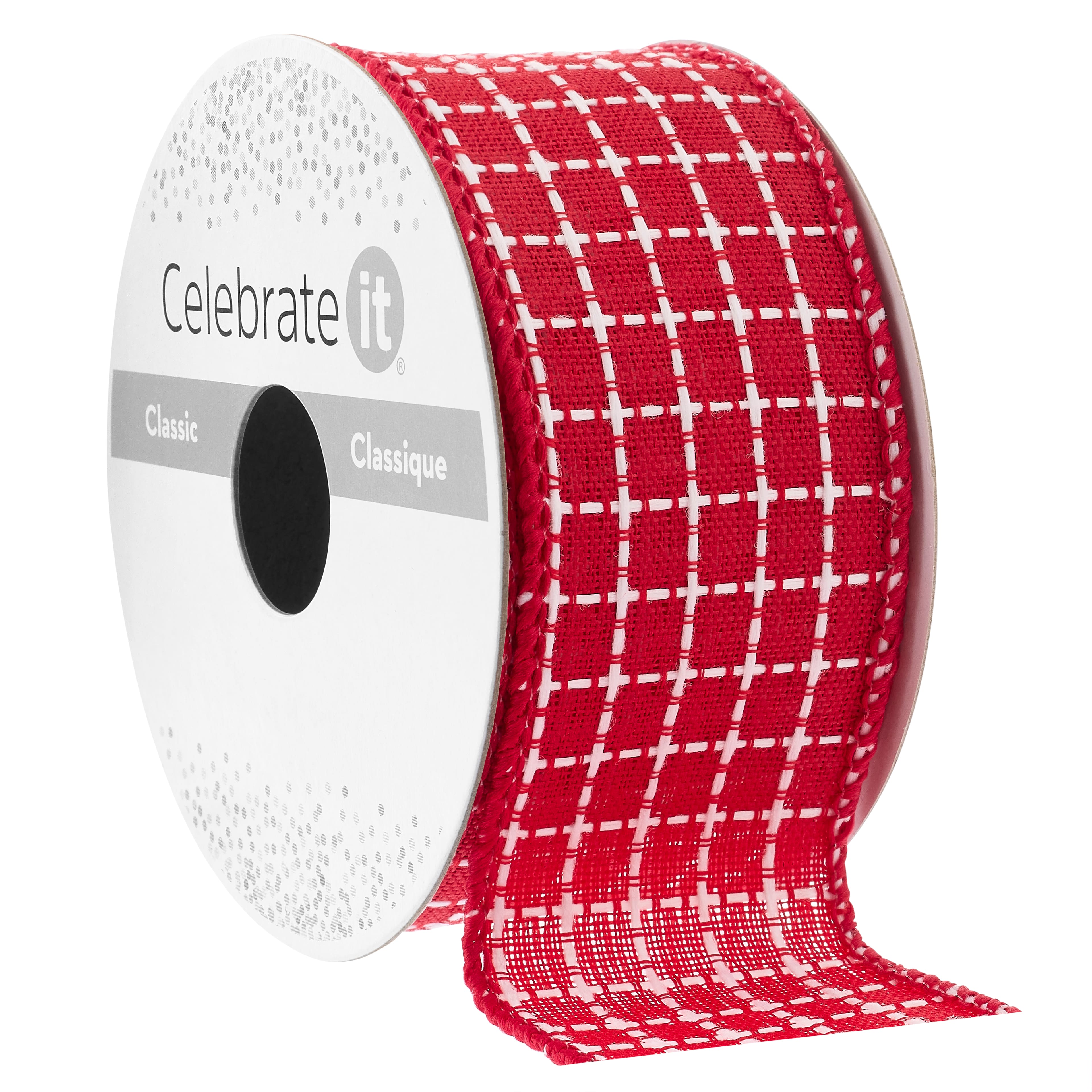 1.5&#x22; x 3yd. Faux Linen Wired Grid Ribbon by Celebrate It&#x2122; Classic
