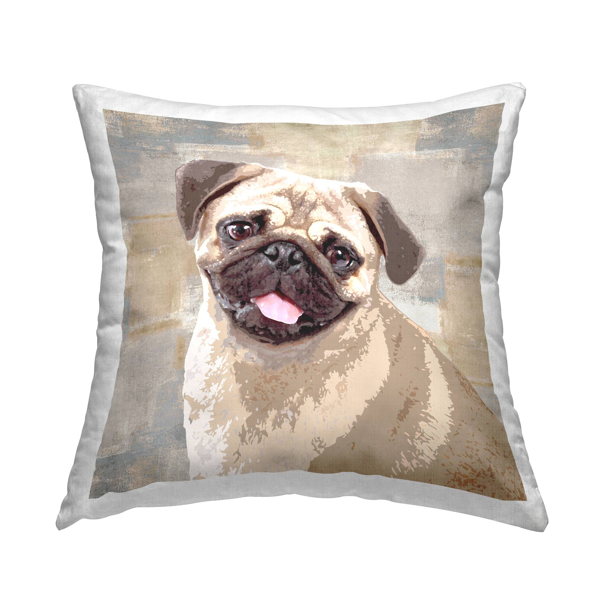 Stupell Industries Happy Pug Dog Beige Grey Patchwork Pattern Throw Pillow 18&#x22; x 18&#x22;