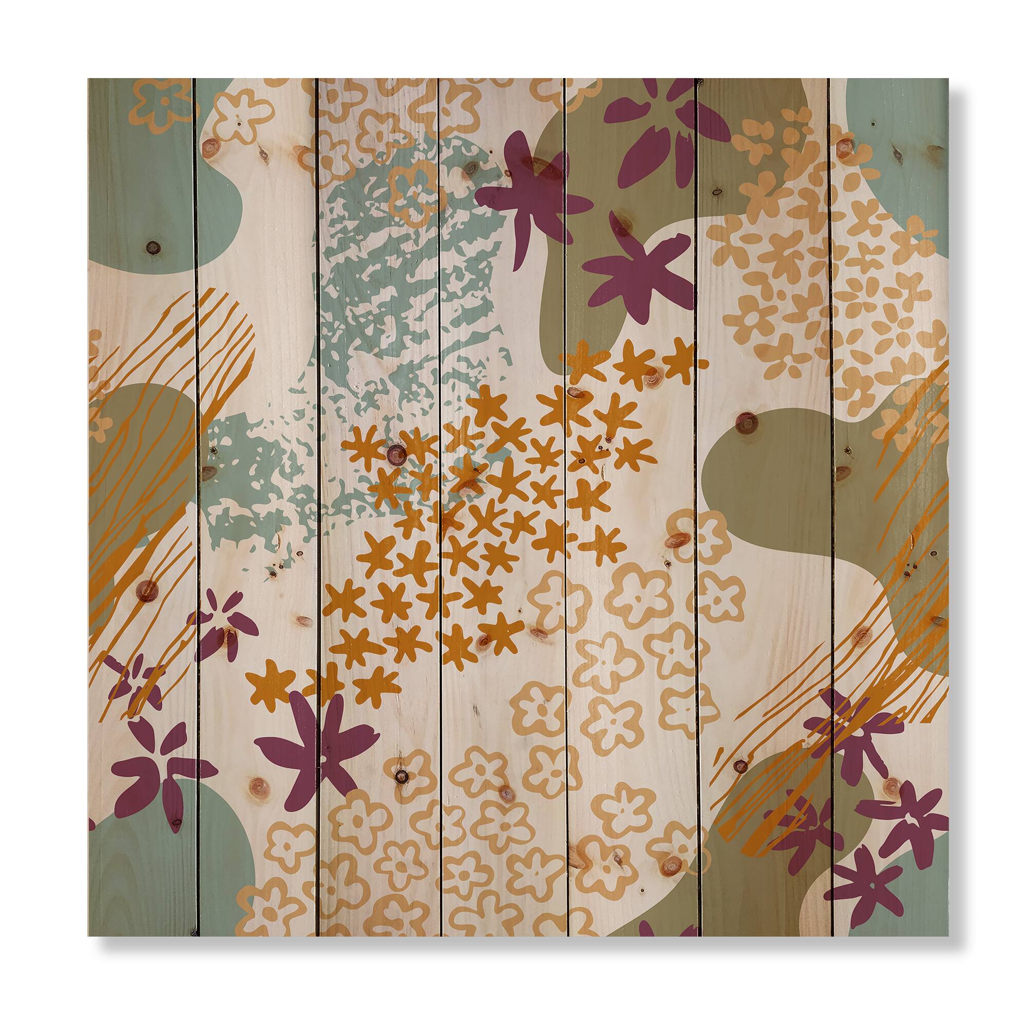 Designart - Flowers Silhouettes and Fluid Shapes - Modern Print on Natural Pine Wood