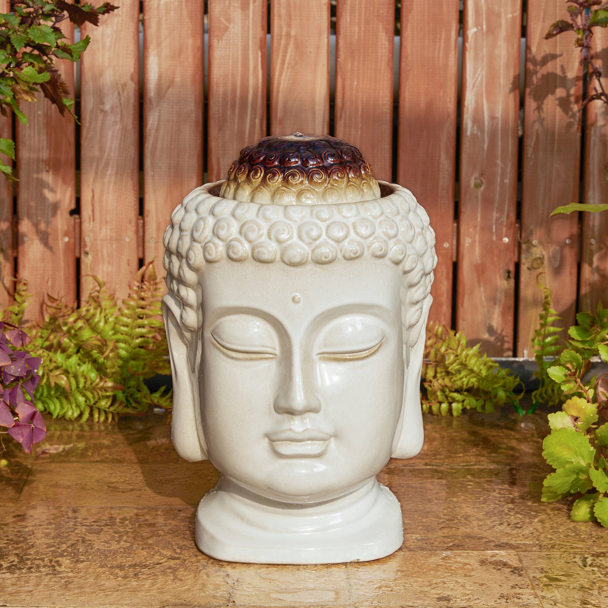 Glitzhome&#xAE; 18.75&#x22; Zen-Style LED Buddha Head Ceramic Outdoor Fountain