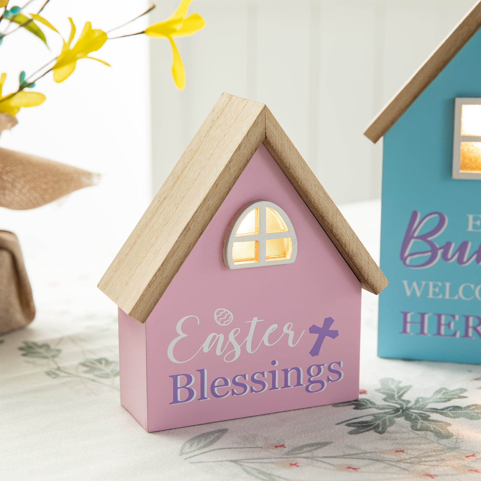 Glitzhome® Lighted Easter Wooden House-Shaped Table Décor Set