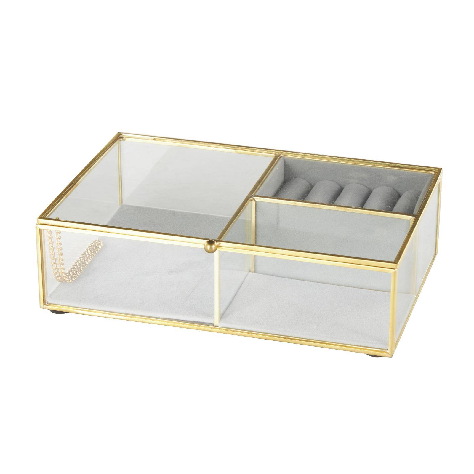 9" x 6" x 3" Clear & Gold Glass & Metal Jewelry Box with Chain Accent & Fabric Ring Slots